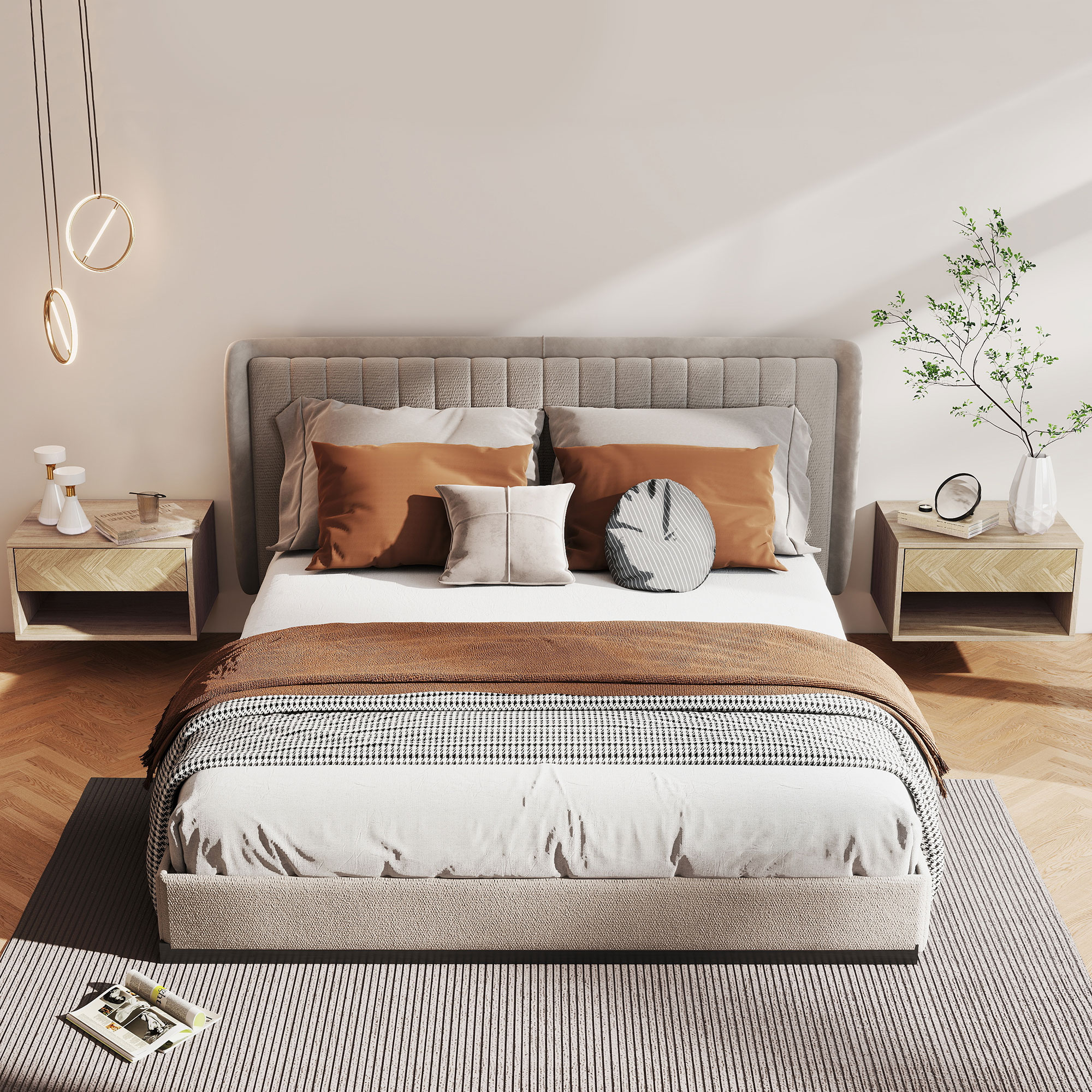  Set de 2 Noptiere Suspendate cu Sertar si Compartiment 37x32x21 cm Lemn Natural [1]