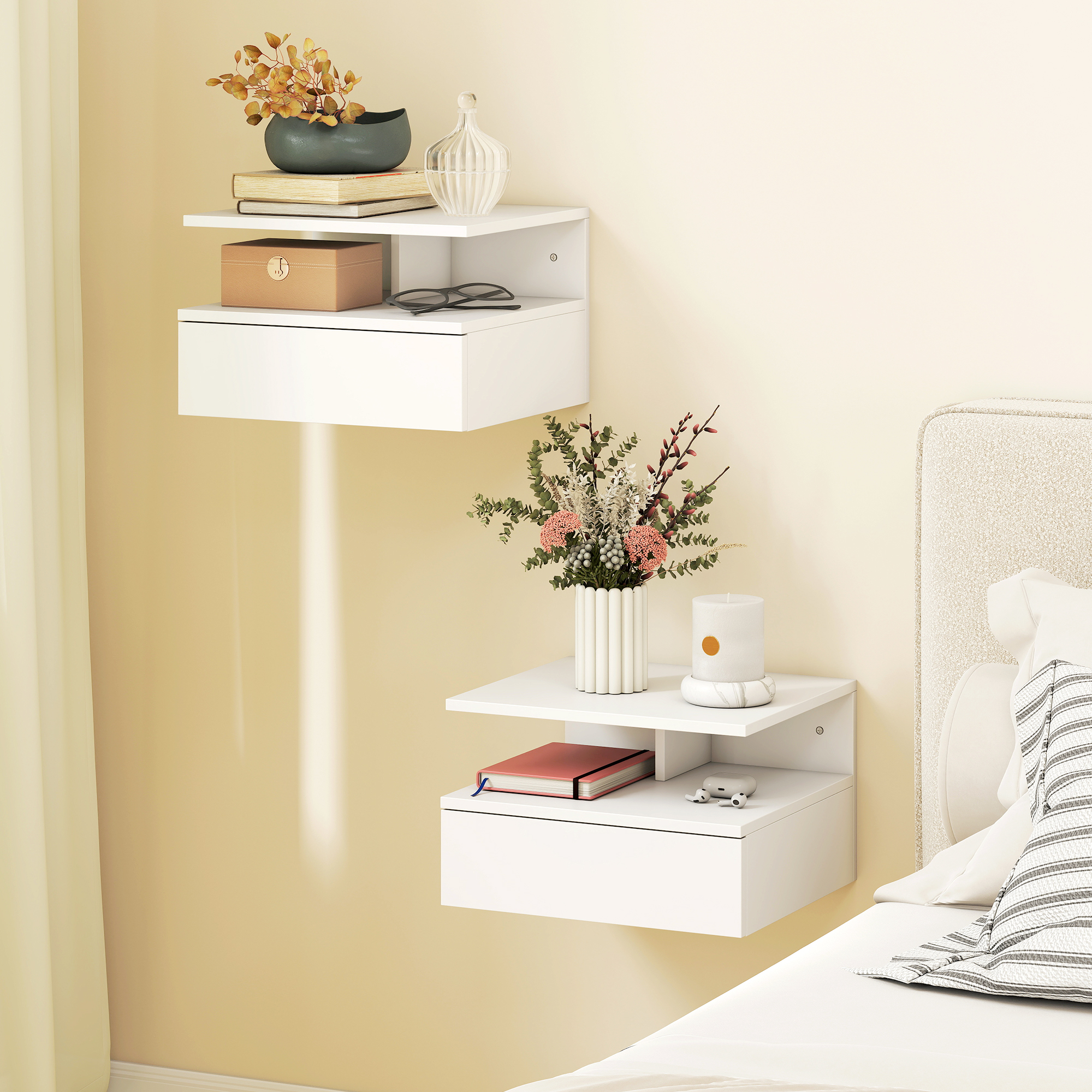  Set de 2 Noptiere Suspendate cu Sertar si Raft Deschis, 35x32x22,5 cm, Alb [1]