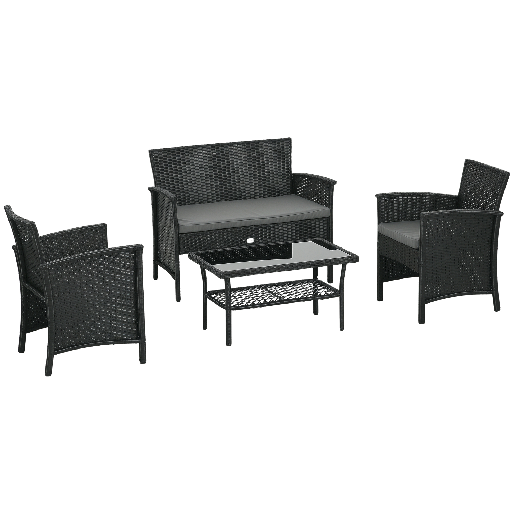 Gradina & balcon -  Set Exterior Rattan PE cu Canapea, 2 Fotolii cu Perne si Masuta din Sticla, Negru si Gri