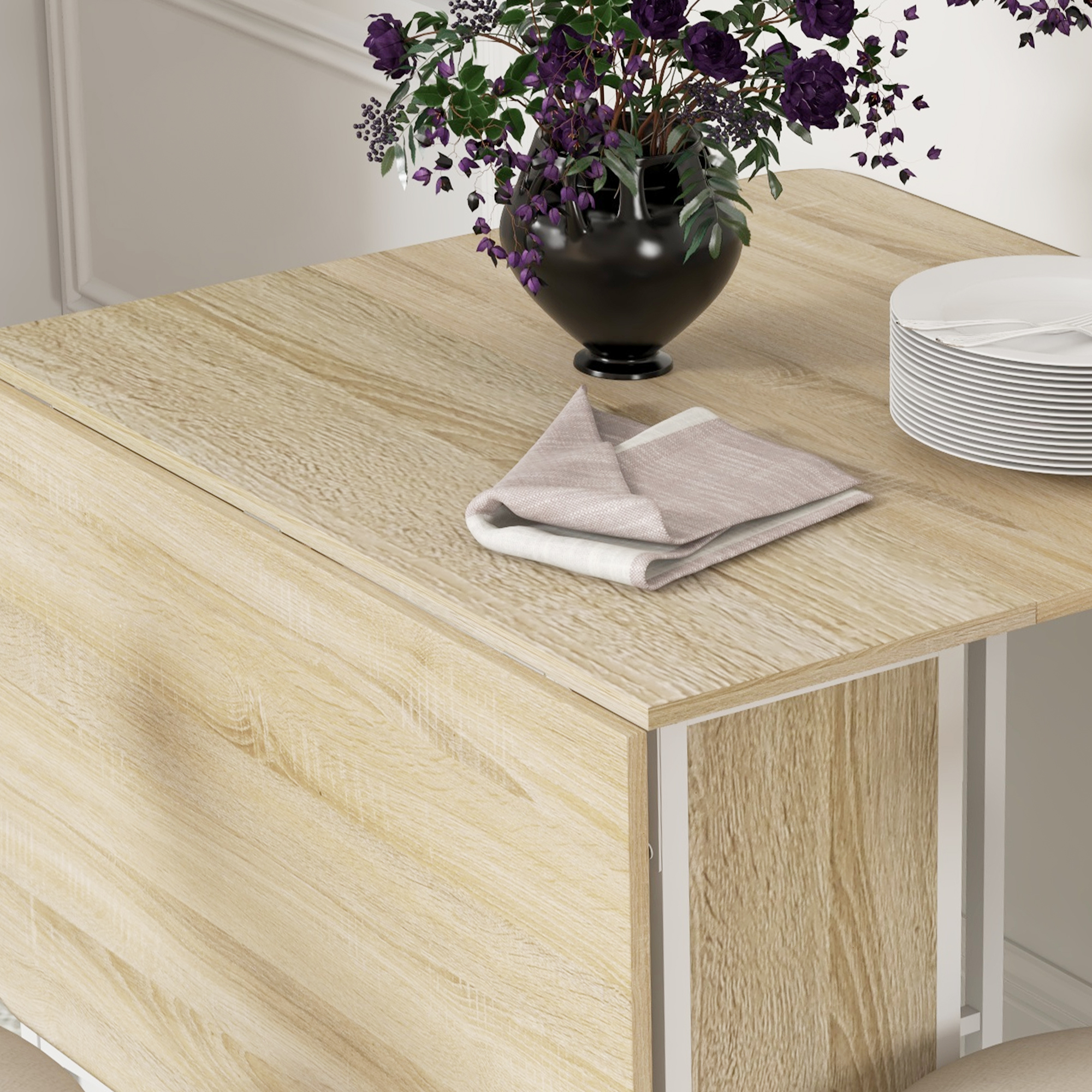  Masa de Dining Pliabila pentru 6 Persoane, cu Raft, din Lemn si Metal, 130x80x74 cm, Alb si Culoare Lemn [8]