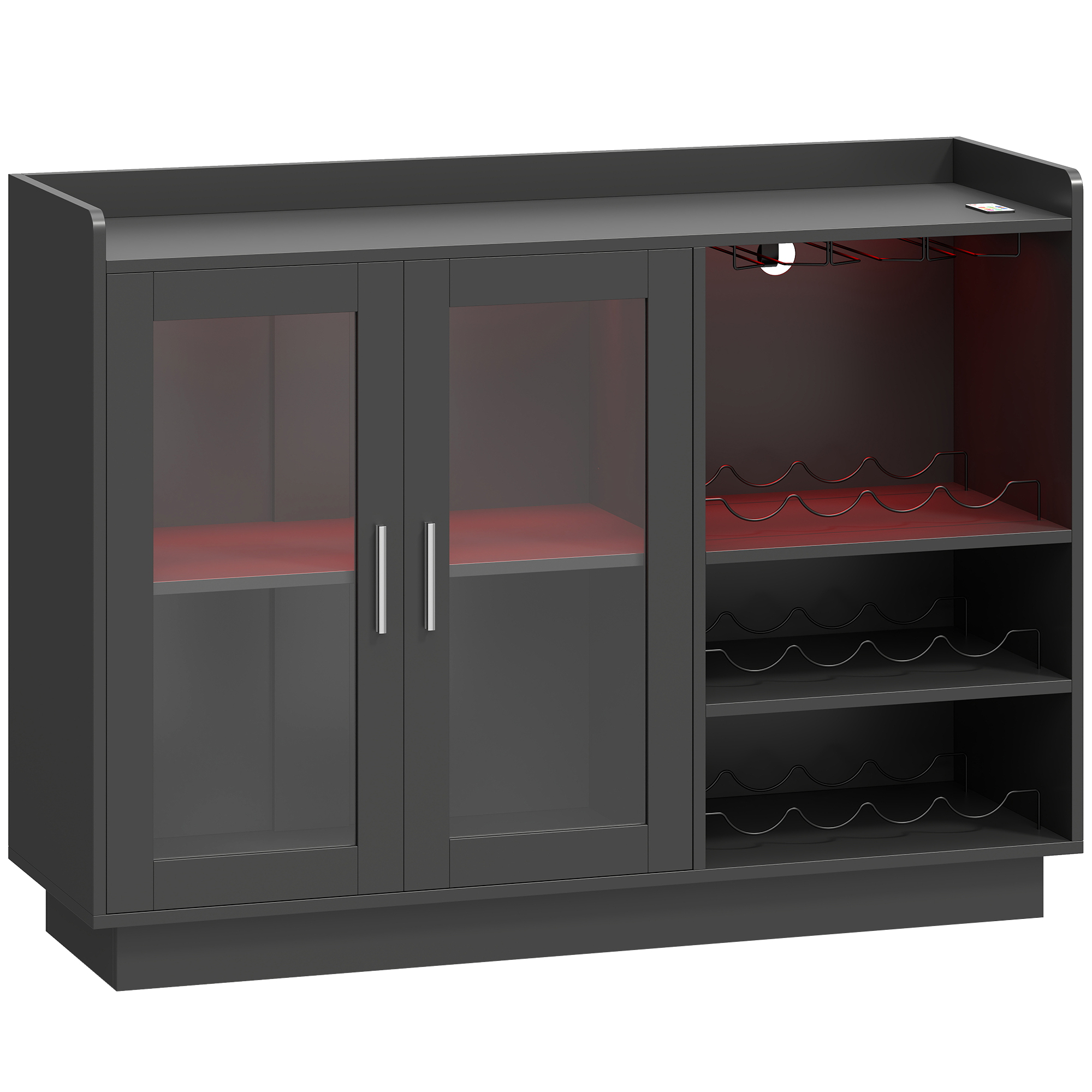 Bucatarie -  Mobilier pentru Vinuri cu Lumini LED RGB si Suport pentru 12 Sticle, Dulap pentru Vinuri cu Raft Ajustabil si Usi Soft-Close din Sticla pentru Casa, Bucatarie si Sala de Mese, Negru