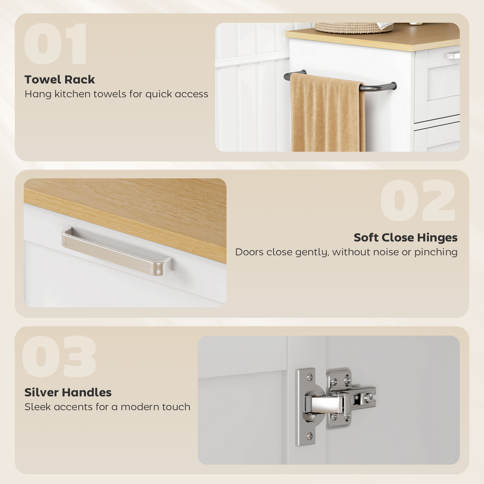  Carucior de Bucatarie cu Sertar, Dulap, Suport pentru Prosoape si 3 Suporturi pentru Condimente, din Lemn, 62x40x87 cm, Alb [7]