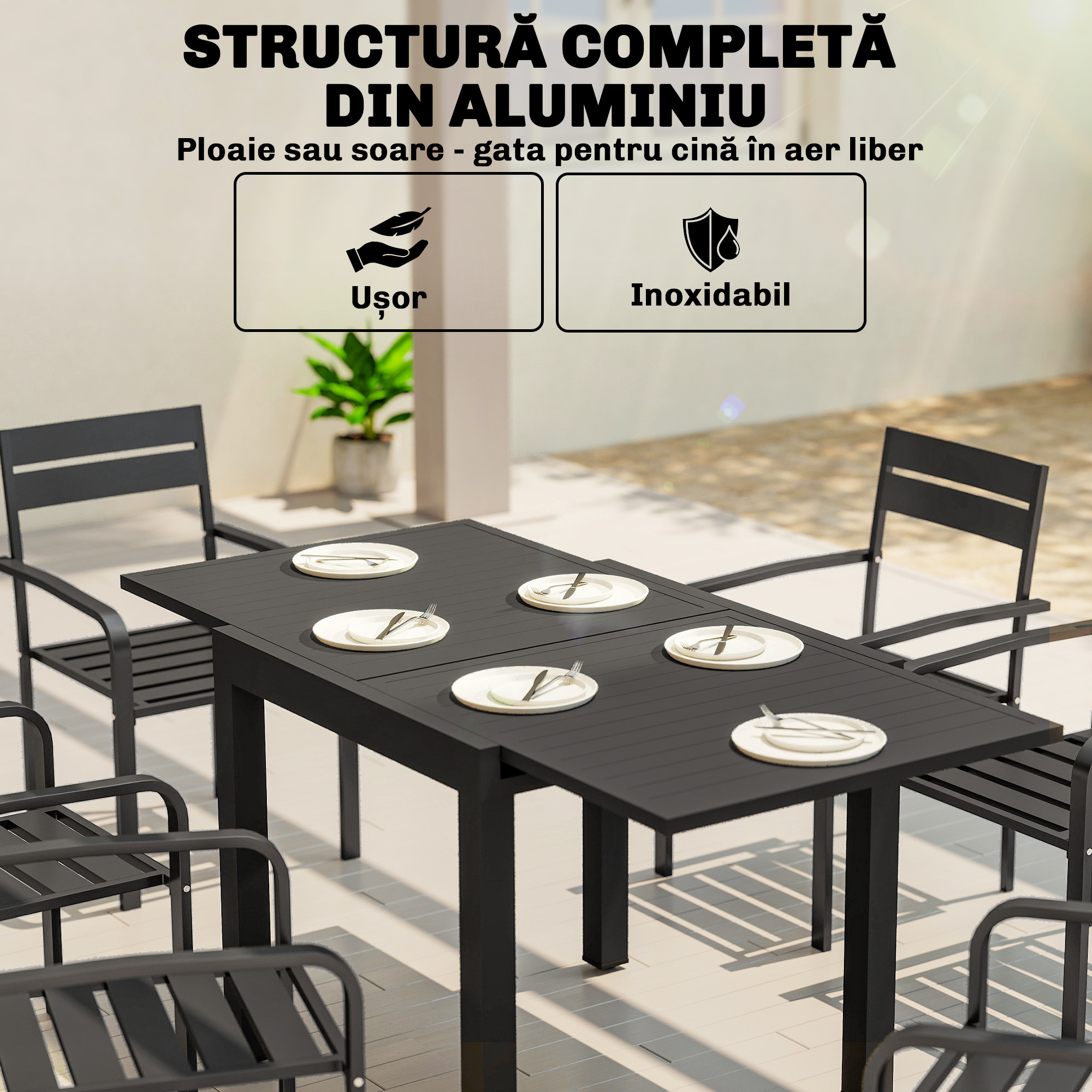  Masa de Gradina Extensibila pentru 4-6 Persoane 80/160x80 cm, Masa de Pranz pentru Exterior din Aluminiu cu Blat Lamelar, pentru Terasa, Balcon, Negru [4]