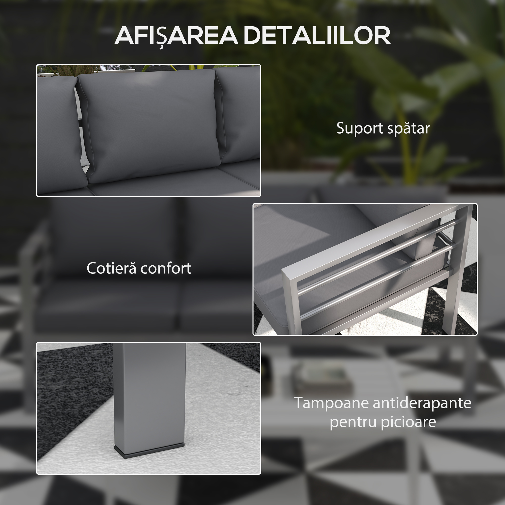  Canapea de gradina cu 3 locuri, cu perne pentru sezut si spatar, din aluminiu, 185x66x64 cm, gri [5]