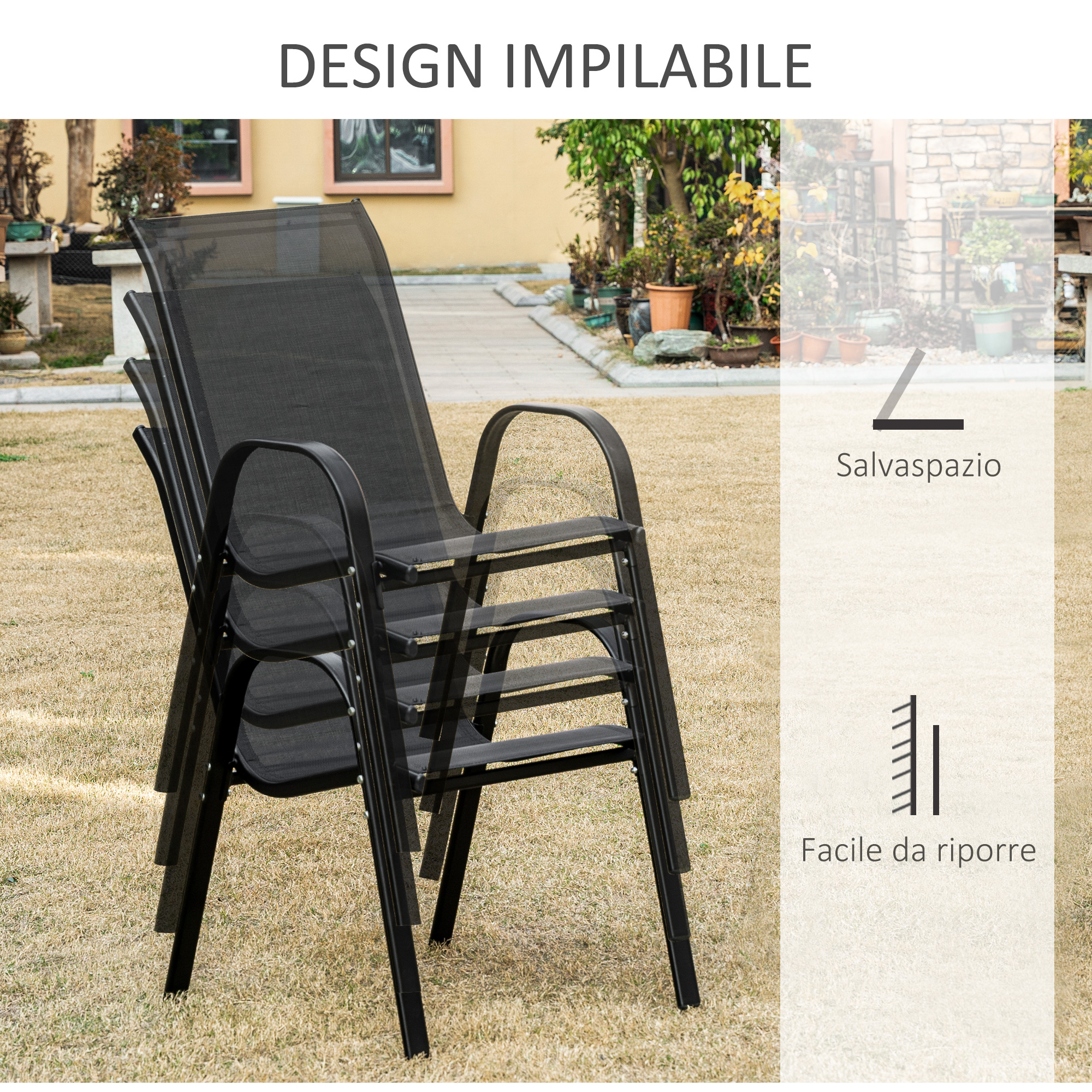  Set cu 4 scaune cu cotiere, Scaune stivuibile pentru gradina, pentru veranda, balcon, exterior, Negru [4]