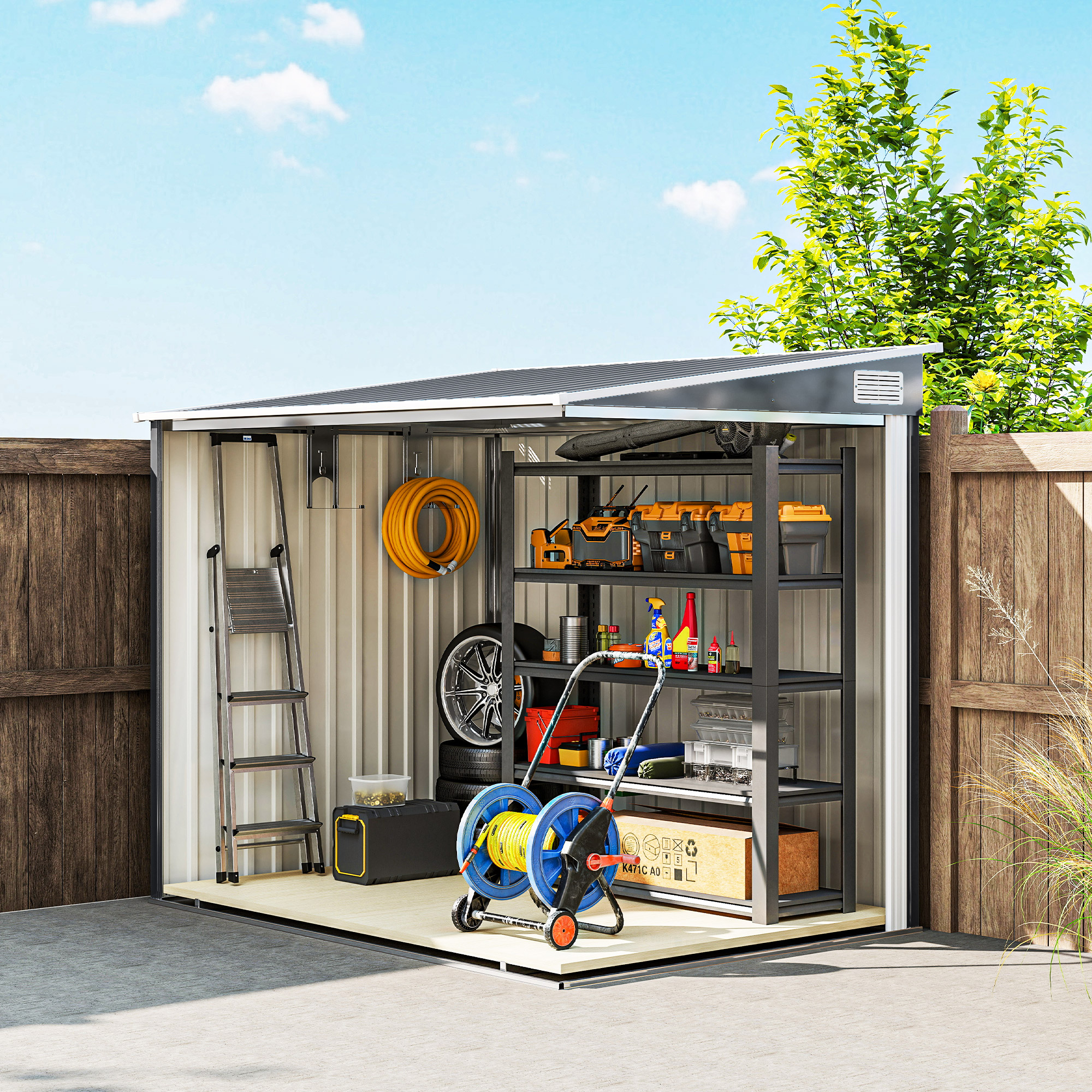  Magazie pentru Unelte din Metal 1.5x2m cu Fundatie, Usa Glisanta si Acoperis inclinat, Gri inchis [8]