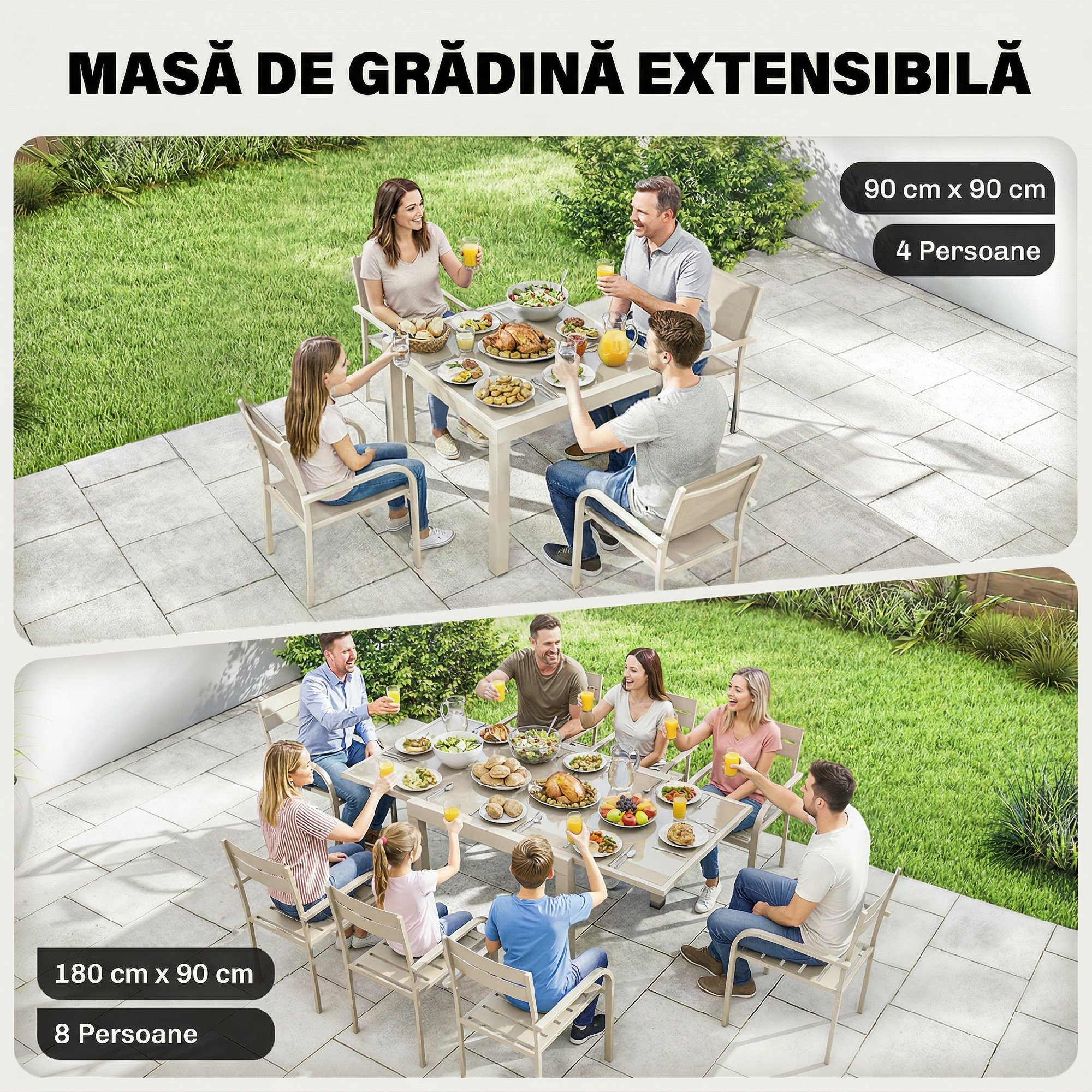  Masa Extensibila din Aluminiu pentru Exterior, Blat din Sticla Temperata, Crem. [3]