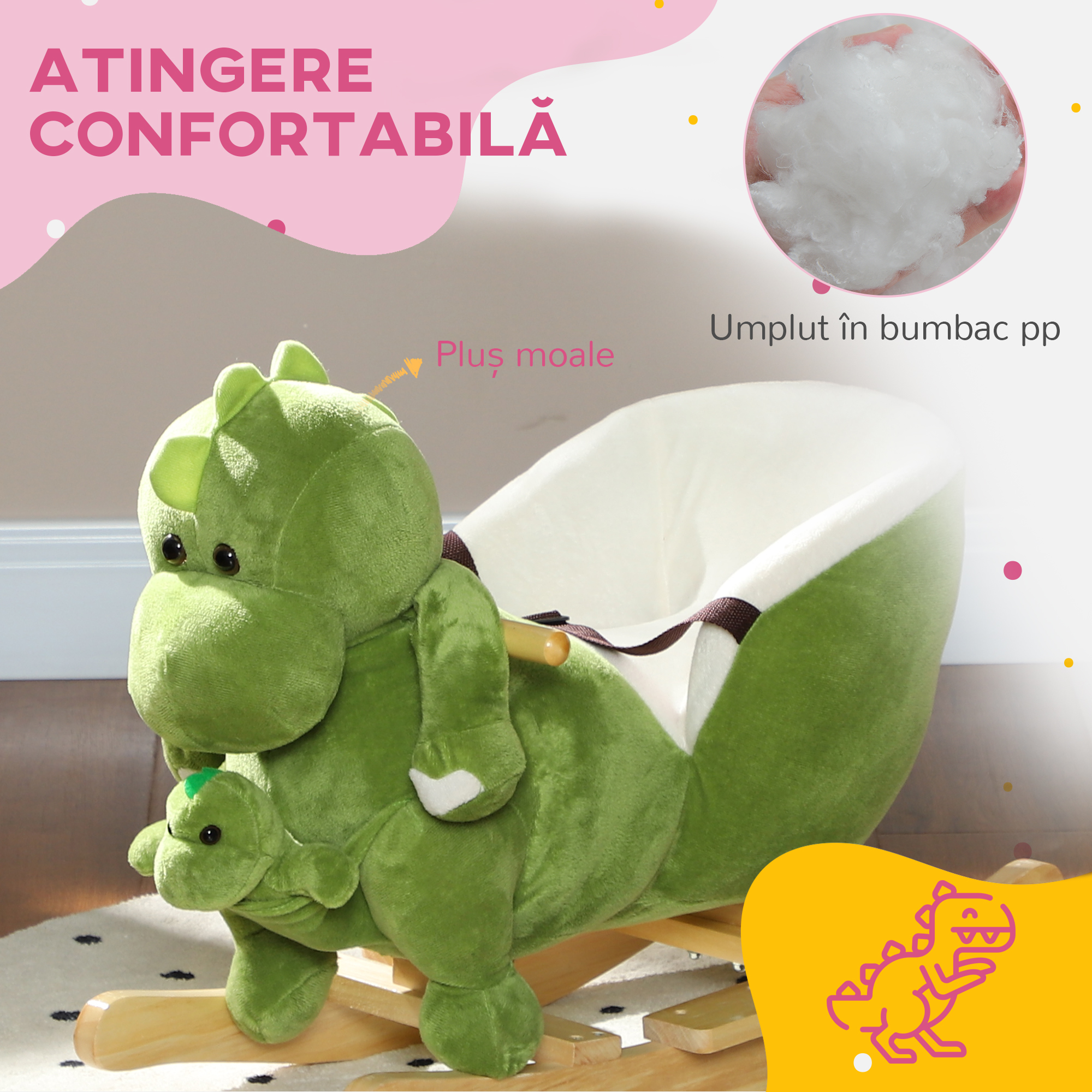  Balansoar pentru Copii 18-36 Luni in Forma de Dinozaur cu Sunete si Acoperire Moale, Verde [6]