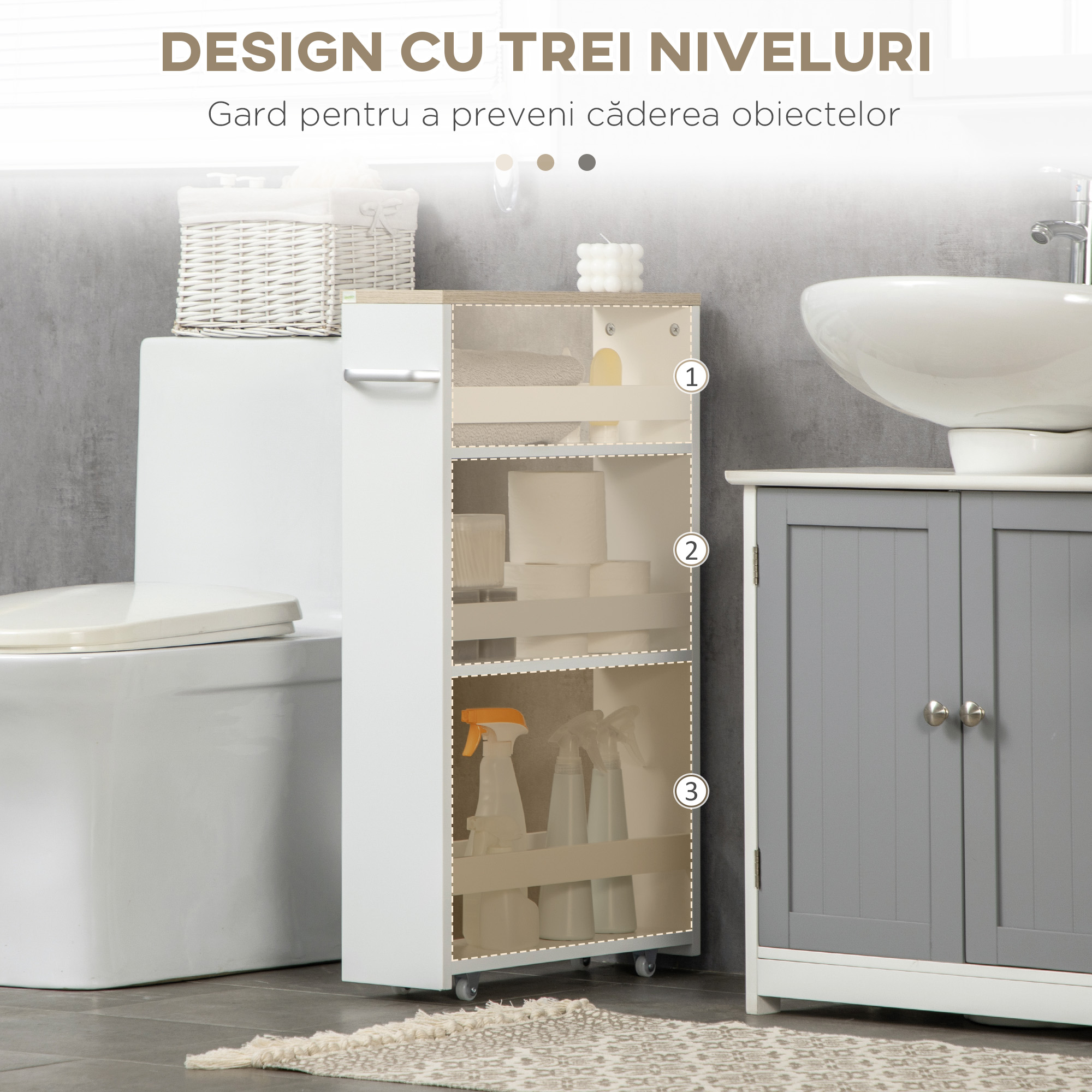  Raft Depozitare Baie - 3 Nivele inguste cu Roti [6]