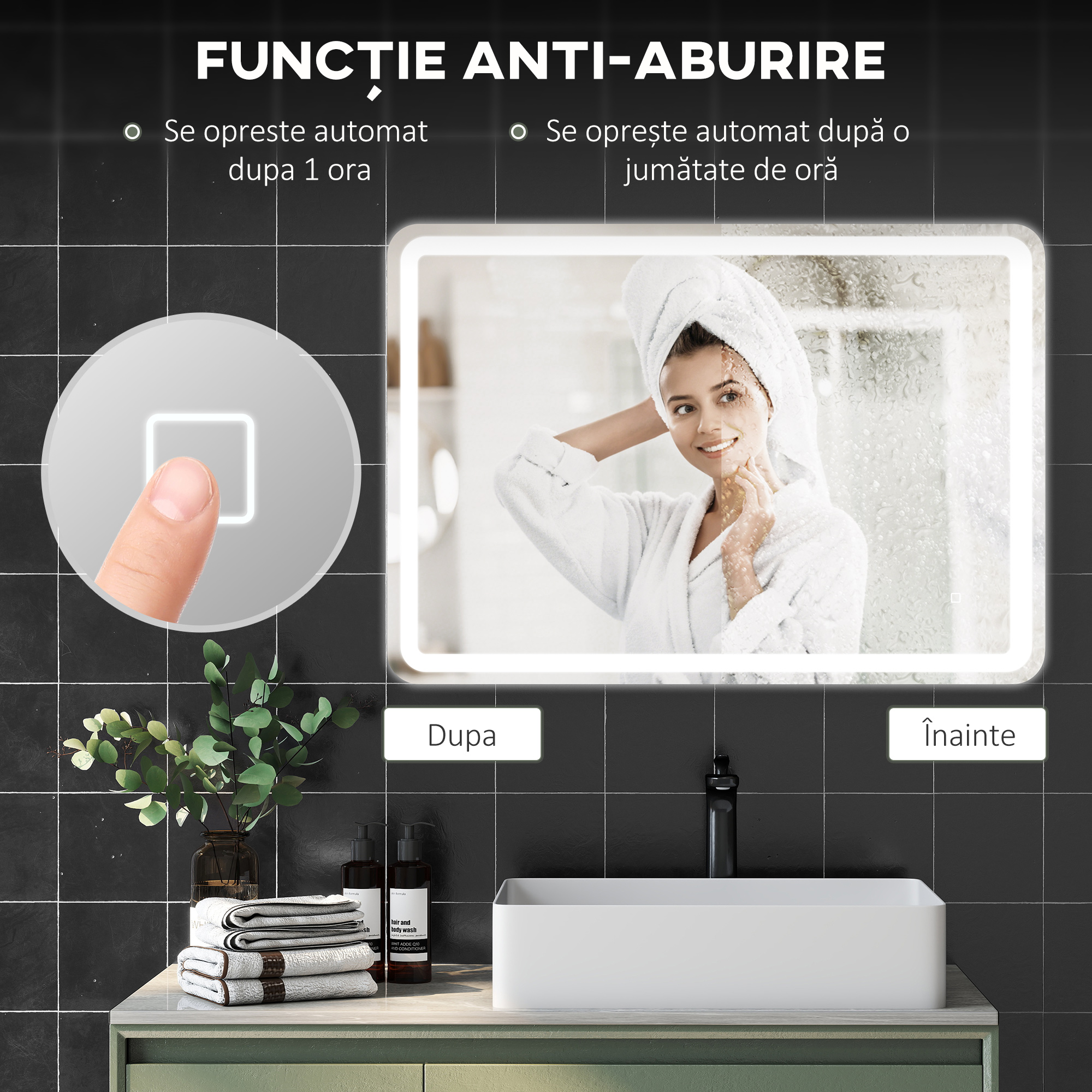  Oglinda de Baie Touch 70x100 cm cu LED 3 Tonuri de Lumina si Antiaburire [6]