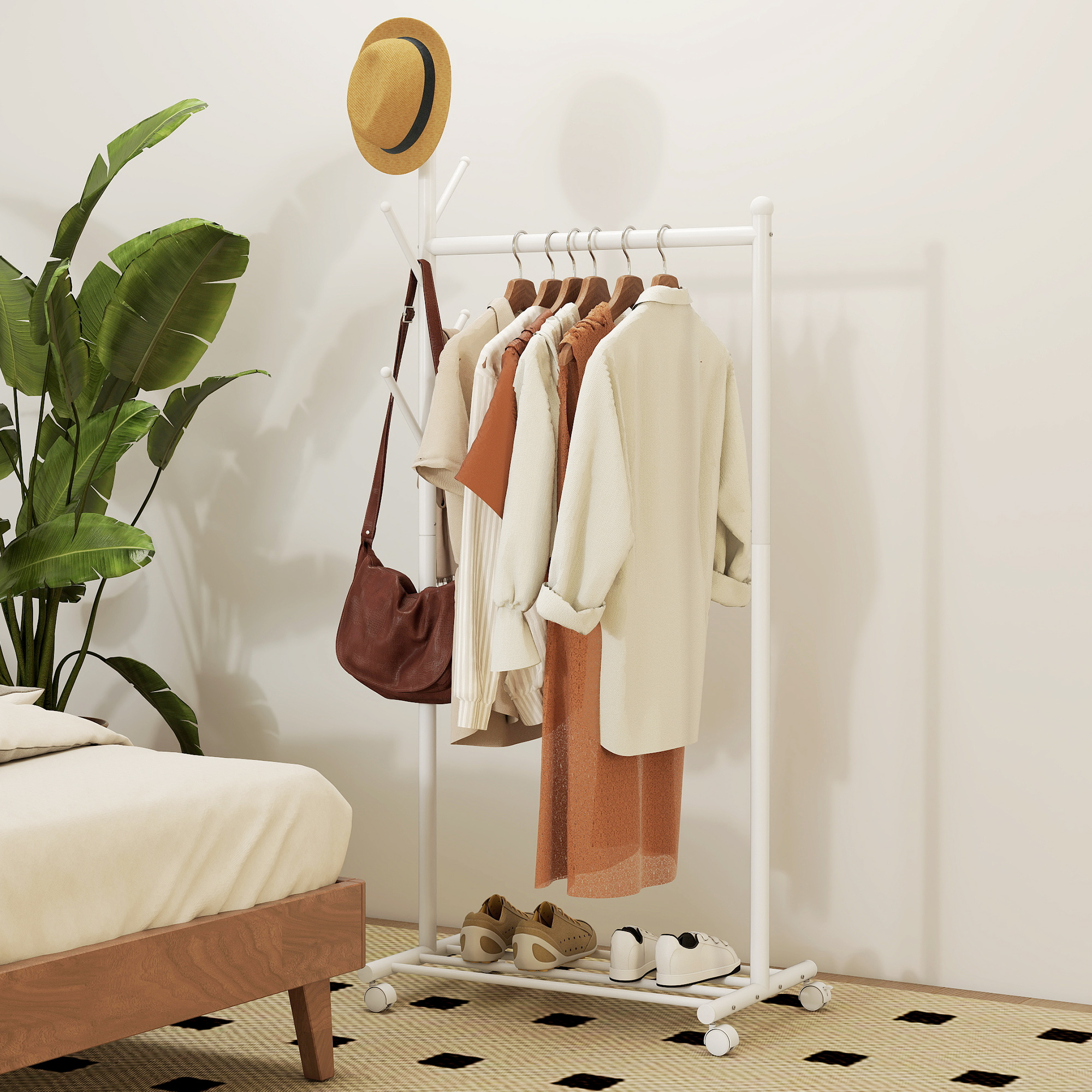  Stand Cuier de Podea cu Roti, 5 Carlige si Raft Inferior pentru incaltaminte, Alb [7]