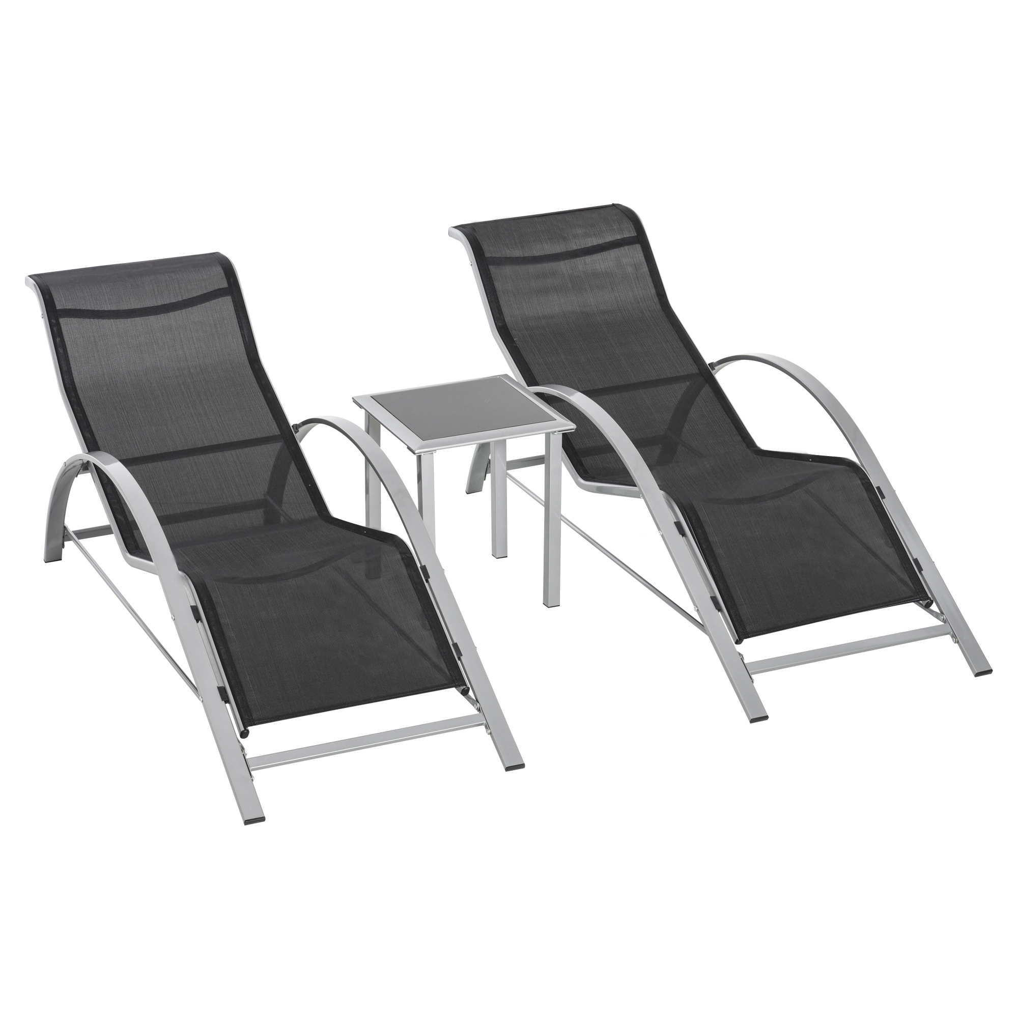 Gradina & balcon -  Set 2 Sezlonguri de Gradina si 1 Masuta cu Raft din Sticla Negru