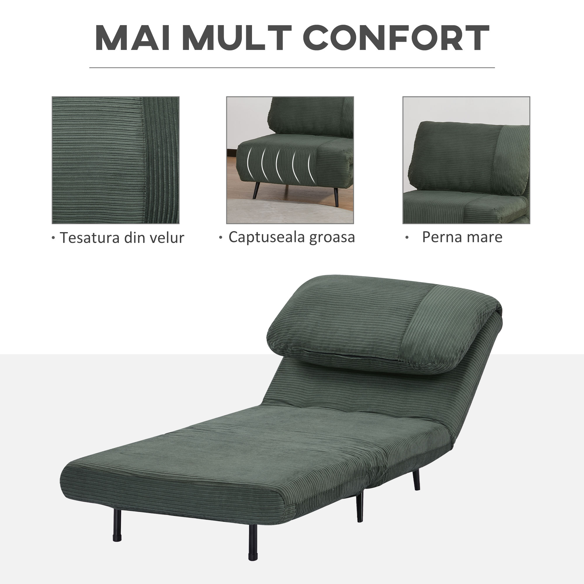  Fotoliu Pat 2 in 1 reglabil pe 3 niveluri cu sezut foarte mare si captuseala din spuma, structura din lemn, otel si efect catifea verde [5]