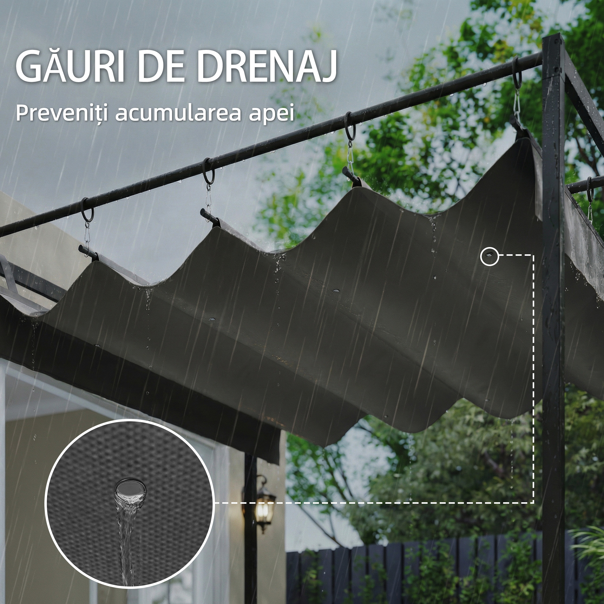  Pergola montata 3x3 m cu acoperis retractabil glisant, guri de drenaj, pergola de gradina din poliester si otel, pentru terasa, curte, exterior, UV30+, Gri inchis [6]