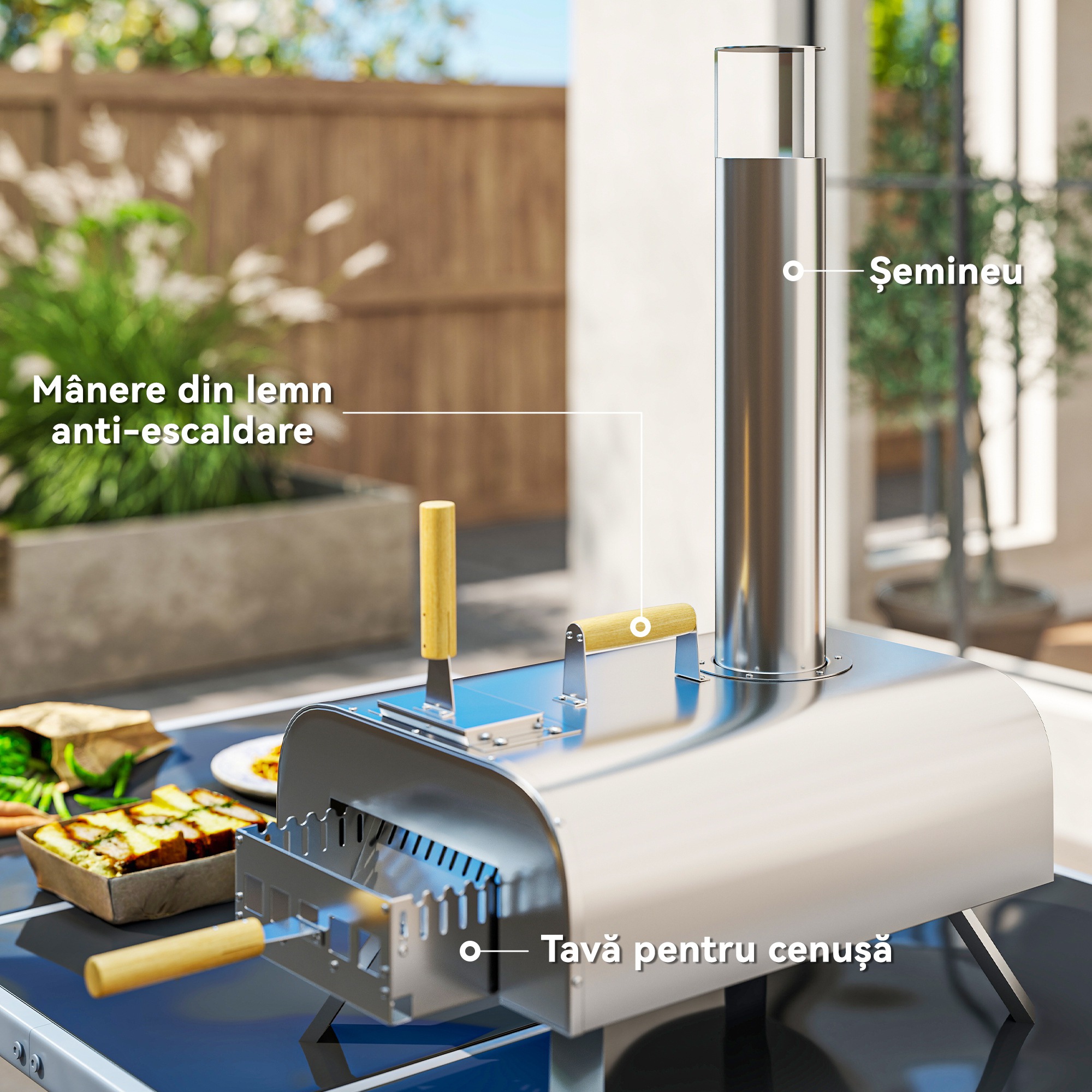  Cuptor pentru Pizza pe Pelete de Lemn cu Piatra Refractara si Lopata, din Otel Inoxidabil, 79x36x75 cm, Argintiu [4]