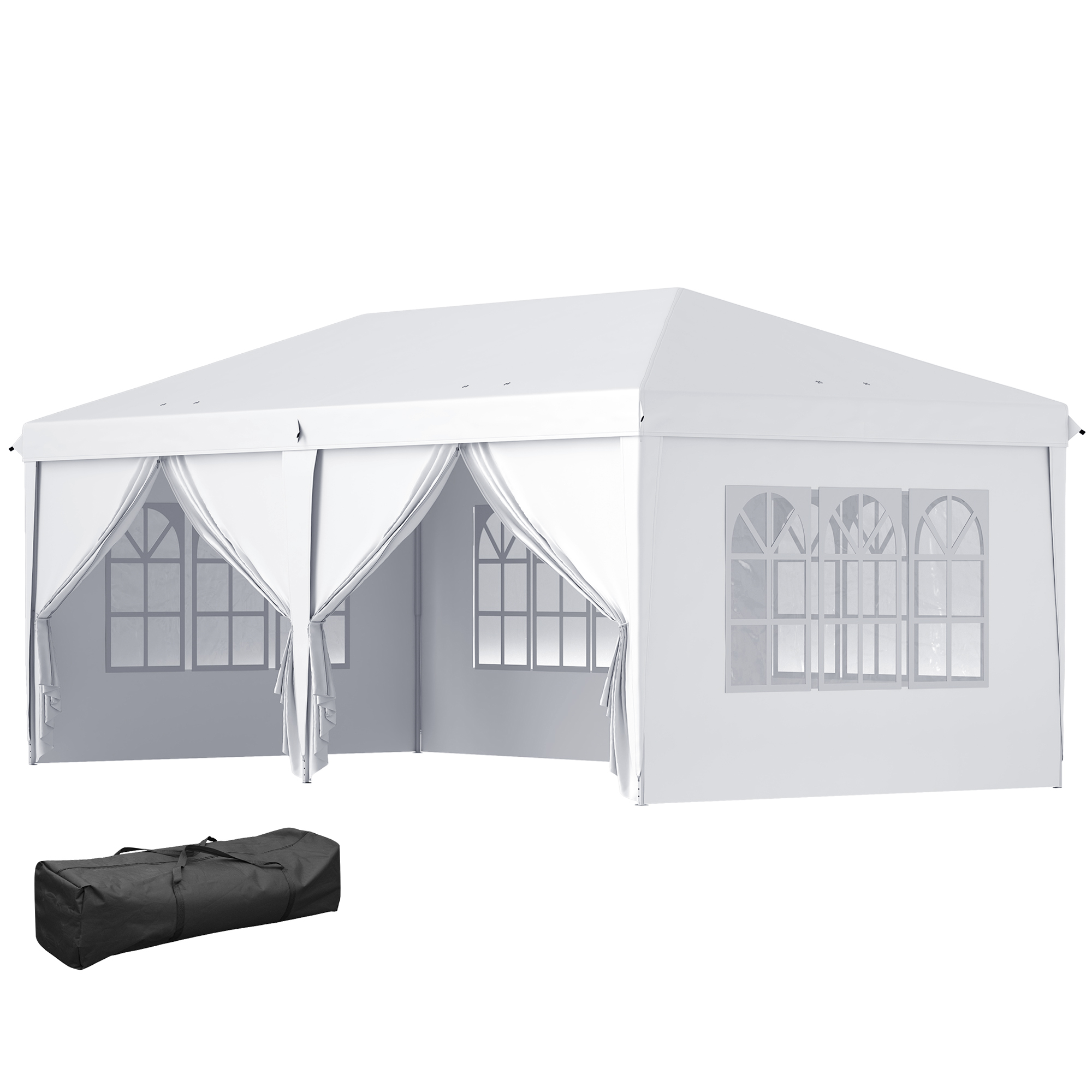 Gradina & balcon -  Pavilion 6x3 m pliabil de gradina cu 6 pereti laterali din otel si material Oxford, cu franghii si tarusi, alb