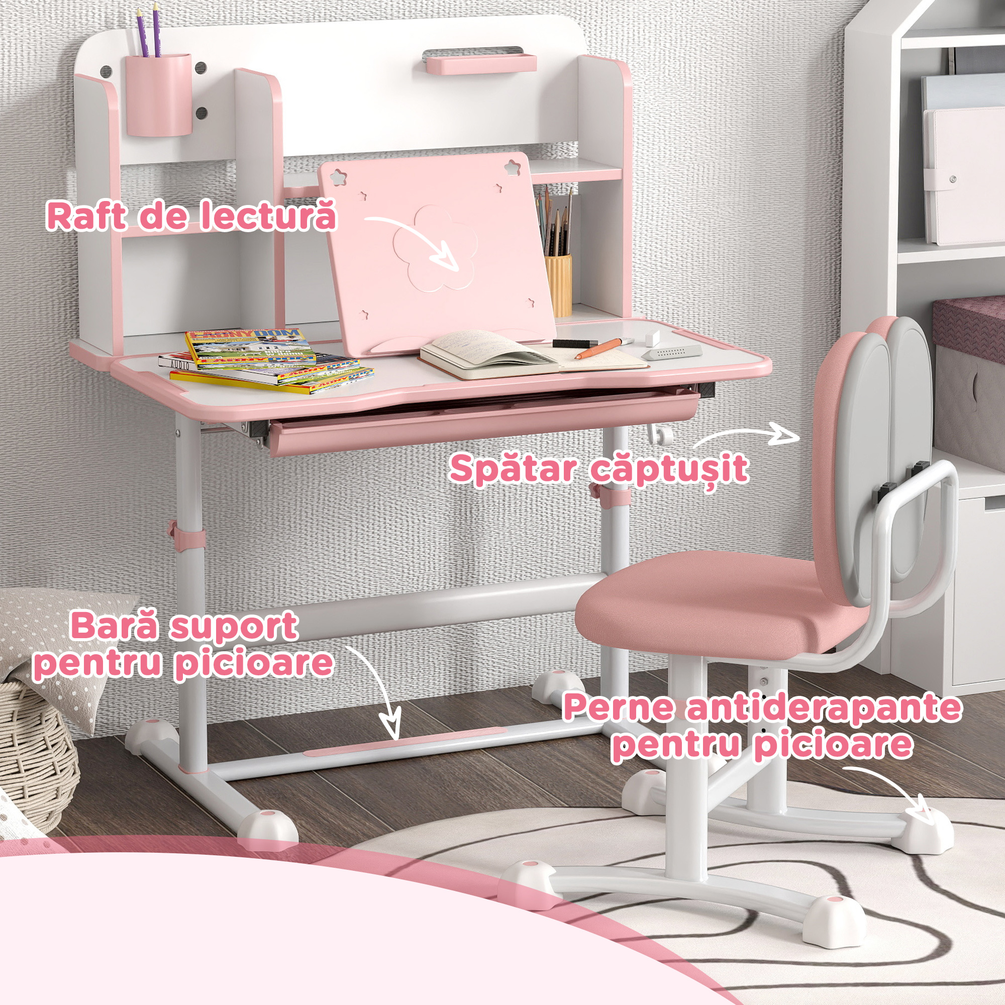  Set Birou pentru Copii 3-12 Ani Reglabil pe inaltime si Blat inclinabil la 45°, 80x55x107.5 cm, Culoare Roz [6]