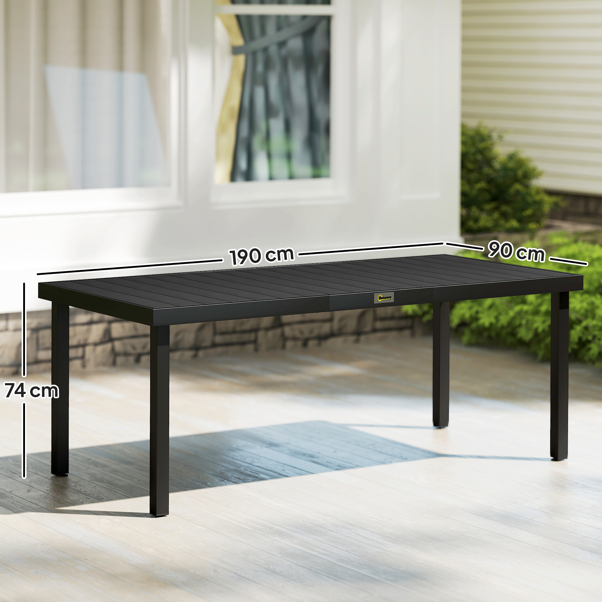  Masa de Gradina cu Blat cu Aspect de Lemn 190x90 cm pentru 8 Persoane, Masa de Luat Masa de Exterior Dreptunghiulara din Aluminiu si Plastic, pentru Terasa, Balcon, Negru [2]