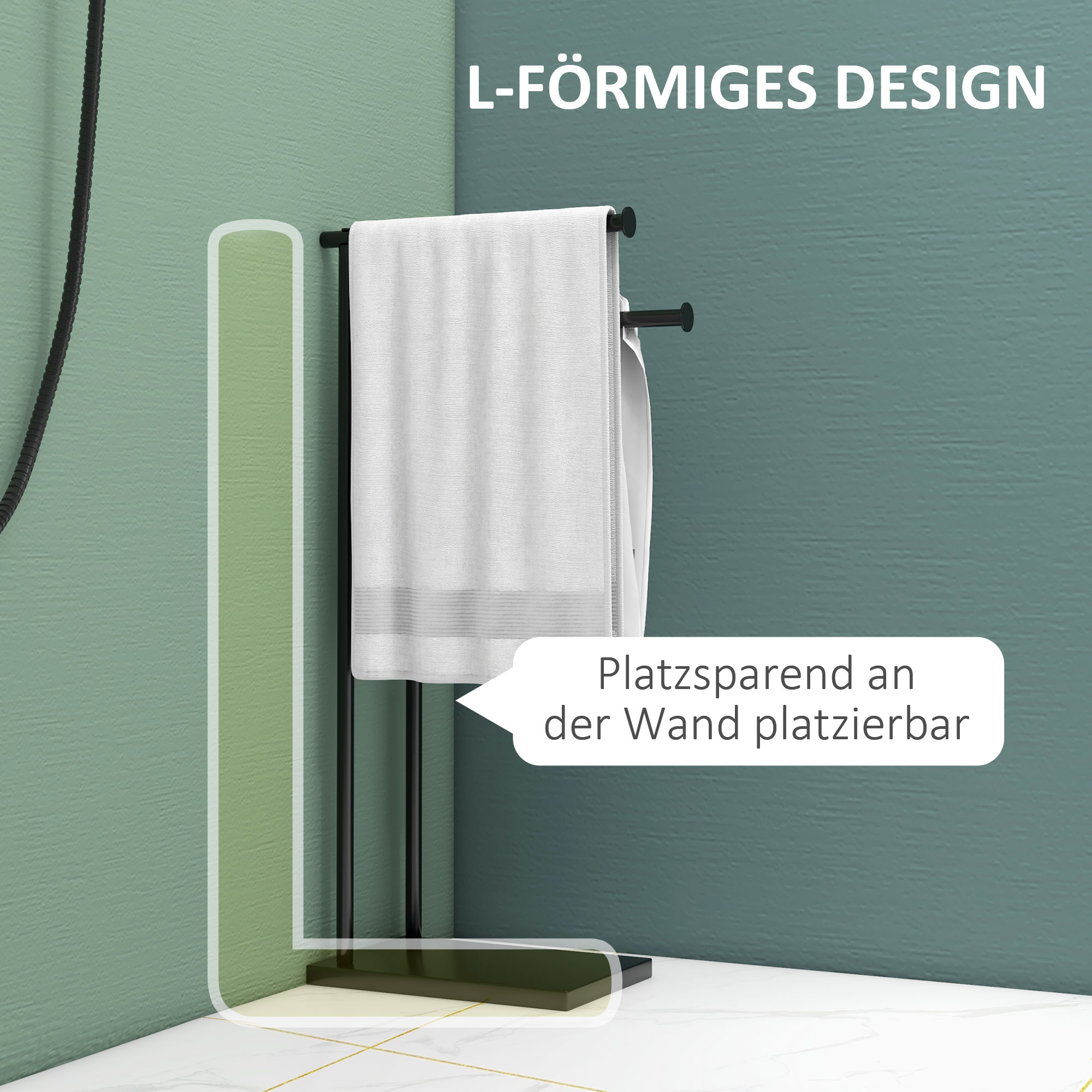  Suport prosoape de baie autoportant cu 2 brate din metal, 35.5x20x78 cm, negru [4]