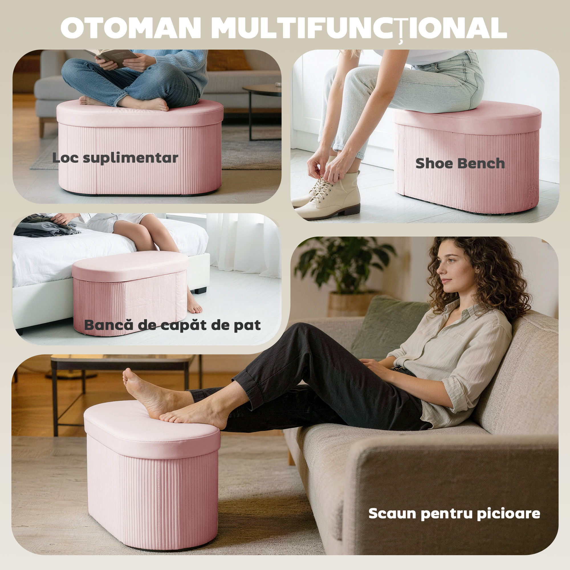  Pouf pliabil cu spatiu de depozitare modern, tapitat cu catifea, 72L, pentru living si dormitor, 76x38x35 cm, Roz [6]