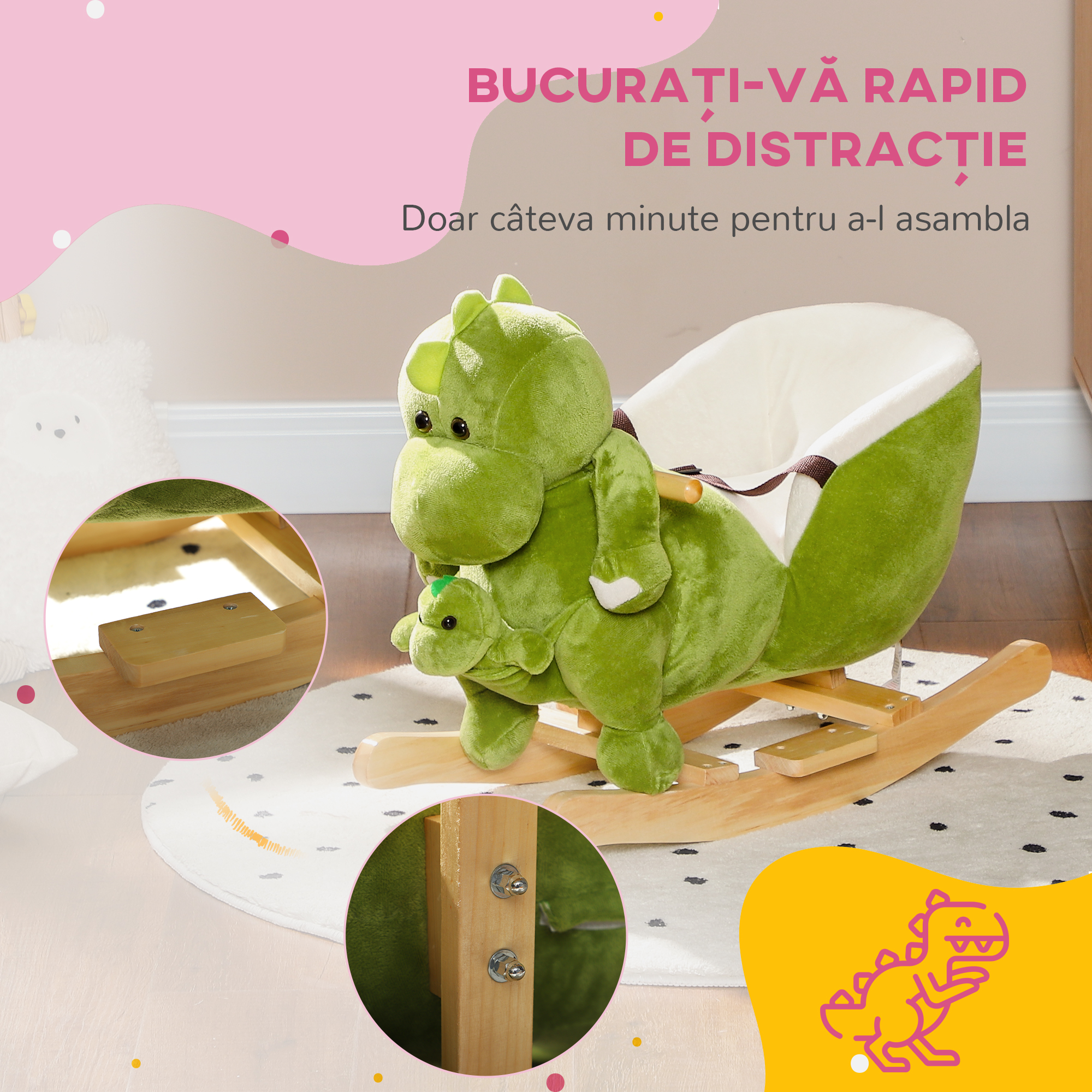  Balansoar pentru Copii 18-36 Luni in Forma de Dinozaur cu Sunete si Acoperire Moale, Verde [7]