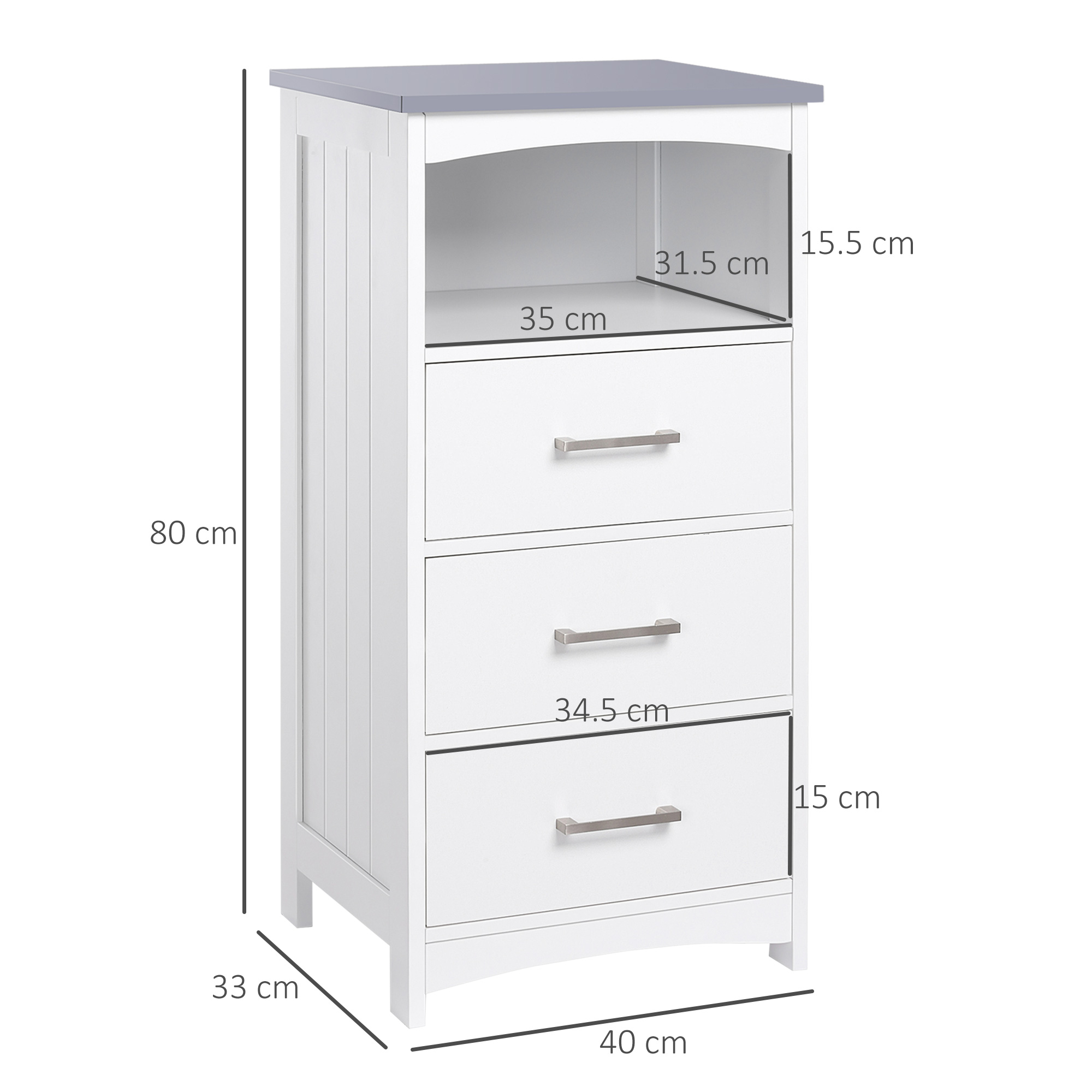  Dulapior Baie Alb - 3 Sertare & Raft Deschis, MDF 40×33×80 cm [2]