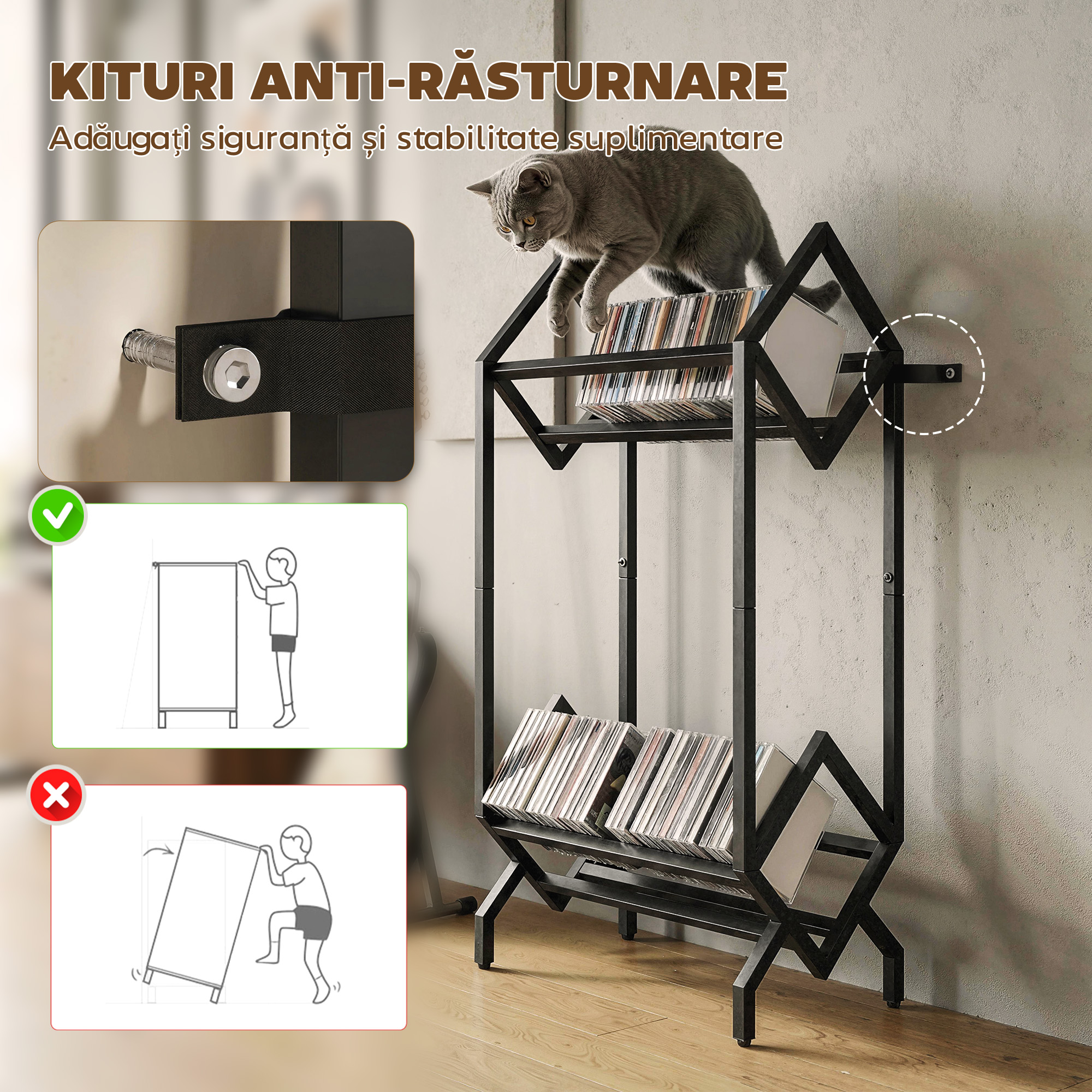  Organizator CD-uri pentru 50 CD-uri, Organizator Viniluri 2 Niveluri din Metal pentru DVD-uri, Carti, Albume, Negru [6]