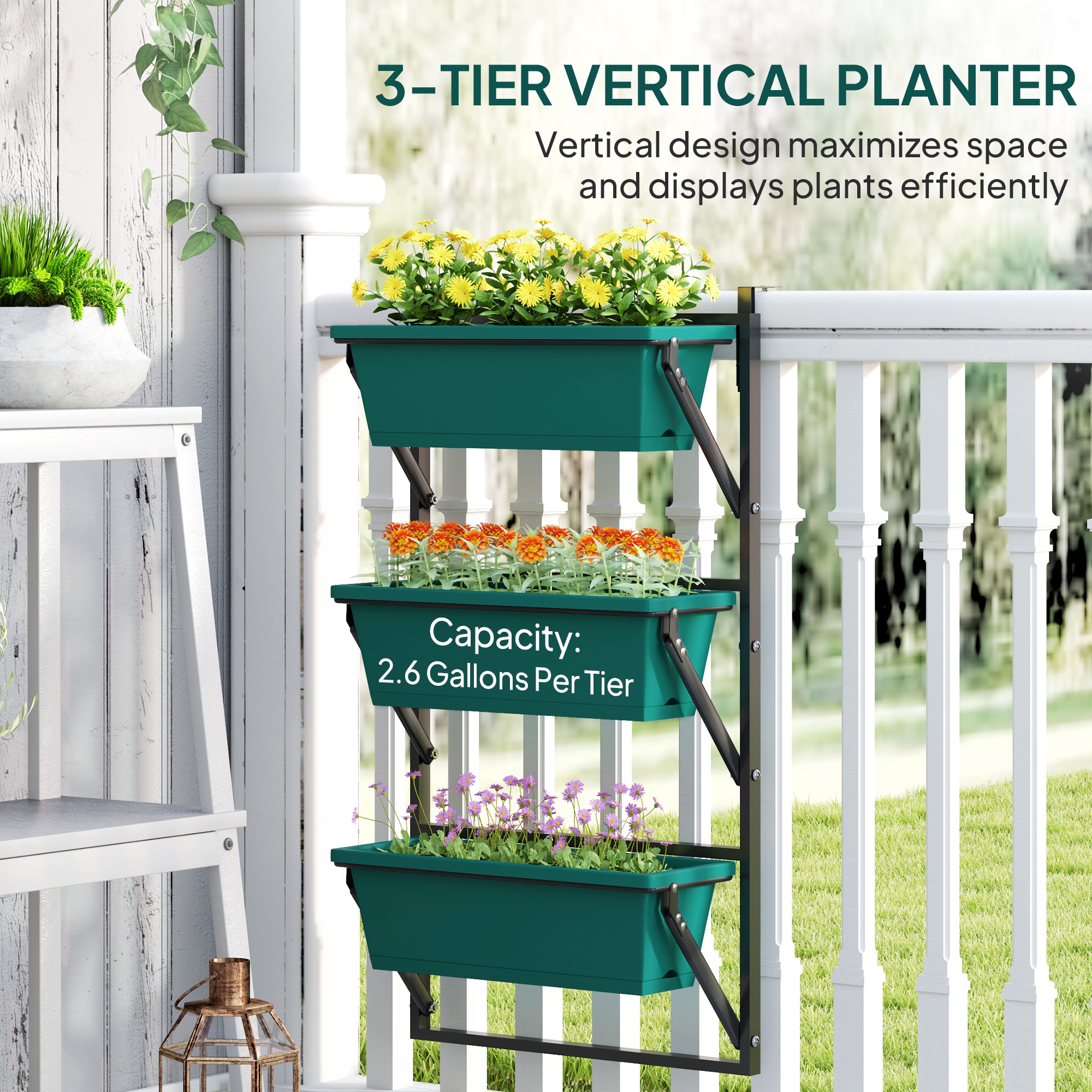  Jardiniera Verticala pentru Exterior cu 3 Niveluri si Ghivece cu Orificii de Drenaj, 56x42x100 cm, Verde [3]