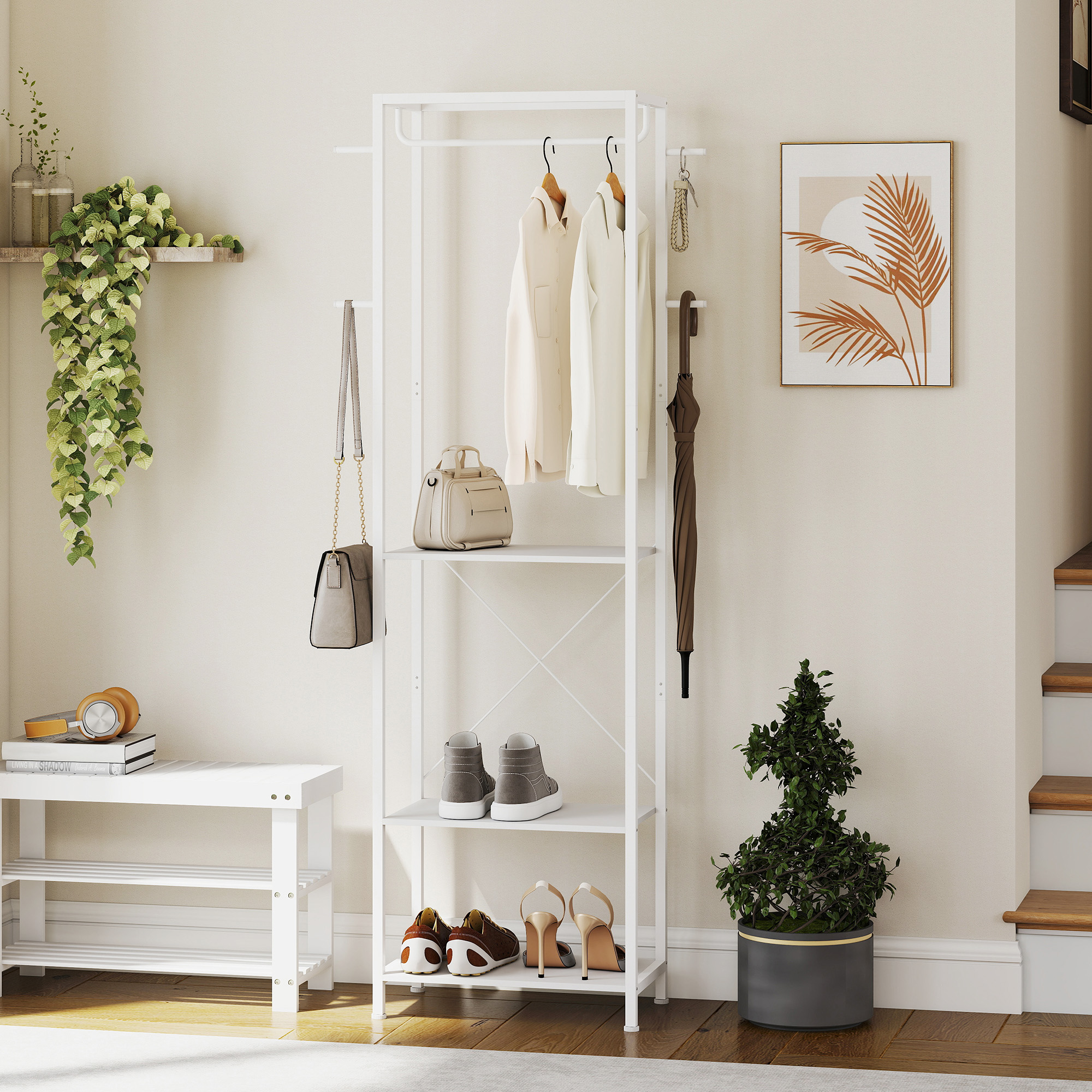  Cuiere de Podea cu Suport pentru incaltaminte, 4 Carlige si Raft 52x30x180cm Alb [7]