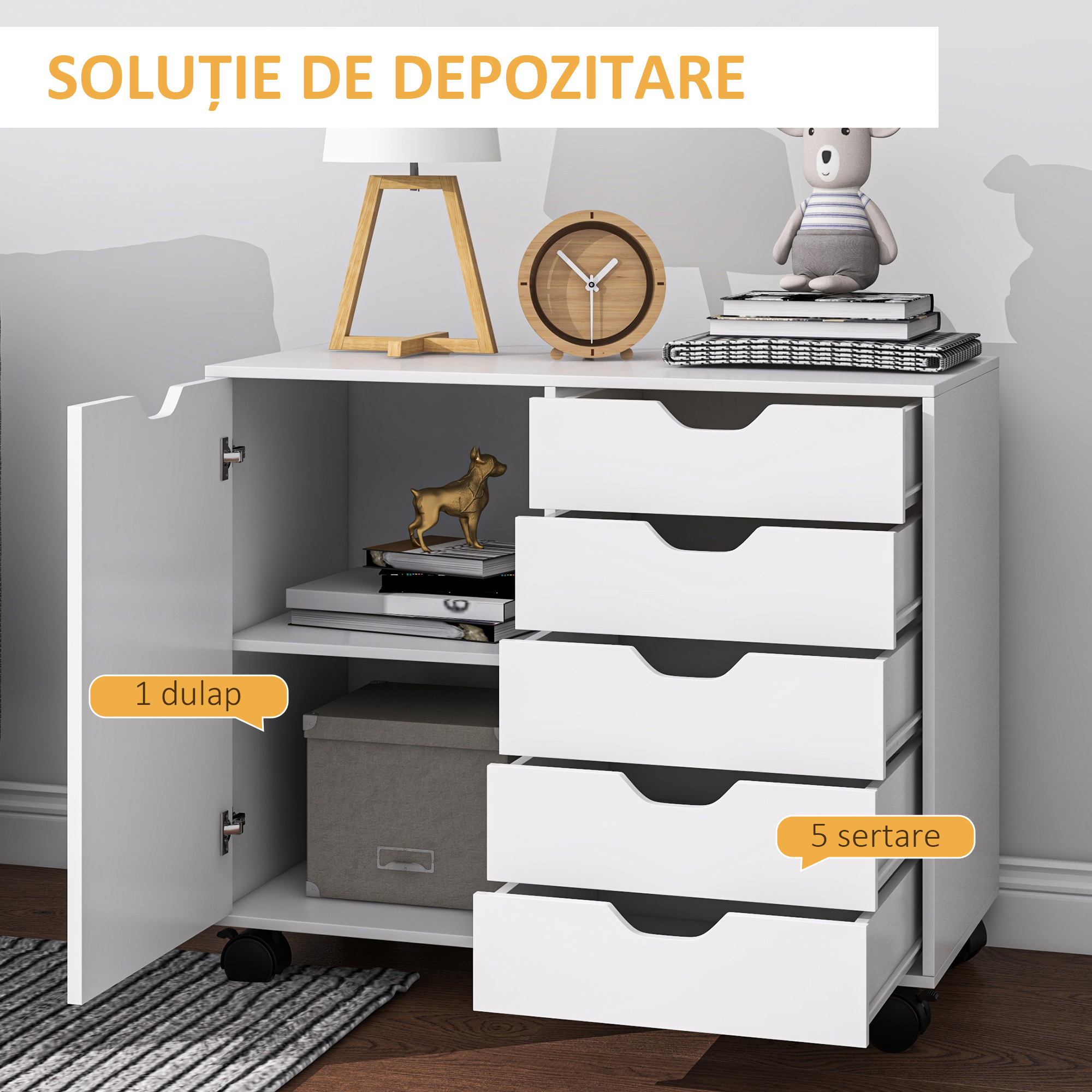 Dulap Lateral cu 5 Sertare, Dulap cu Raft Reglabil, Mobilier pentru Birou pe Roti, Suport pentru Imprimanta pentru Biroul de Acasa, Alb [3]