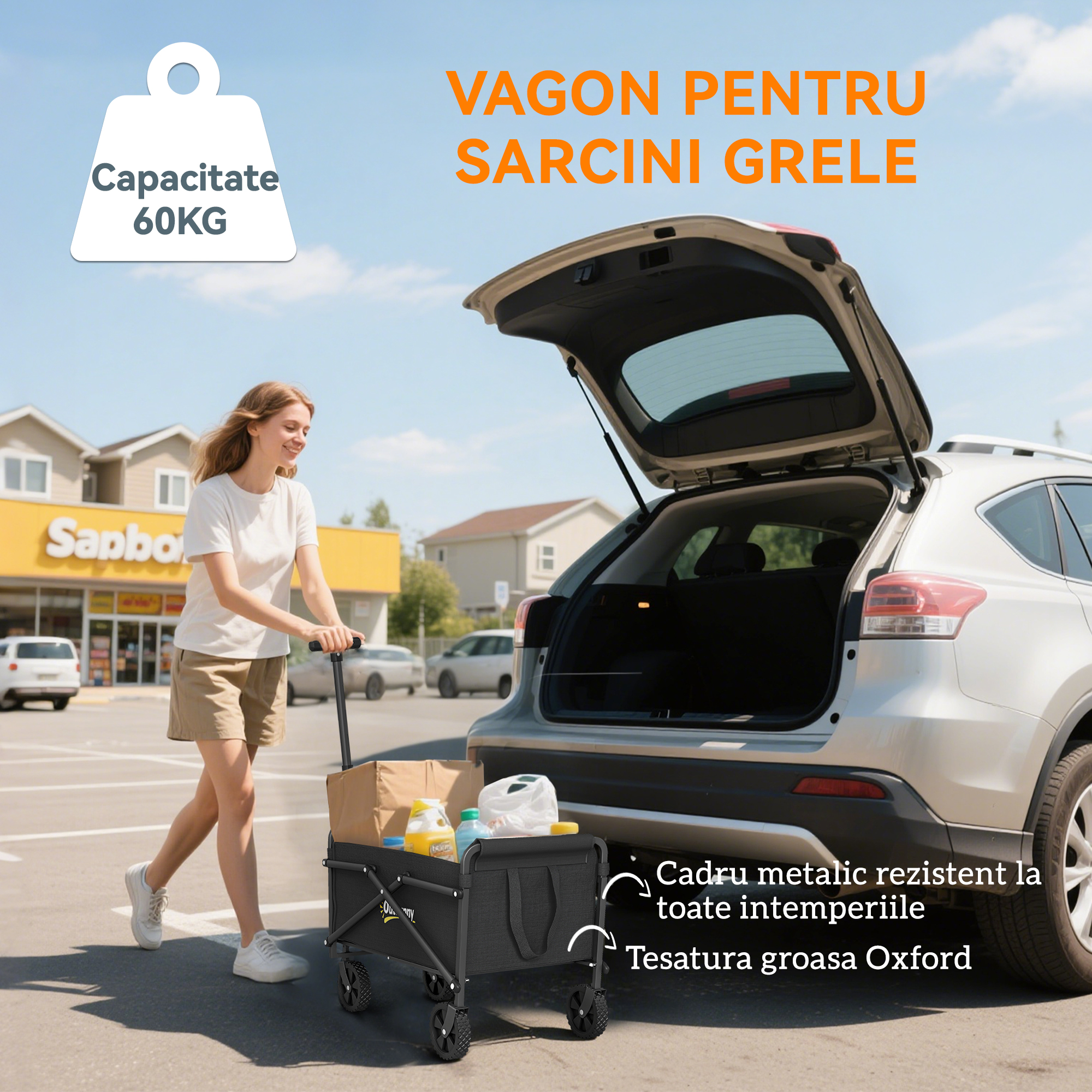  Carucior de Gradina Pliabil 41L cu 4 Roti, Trolley de Camping din Metal si Material Textil Oxford cu Geanta de Transport si Maner Reglabil, Negru [4]