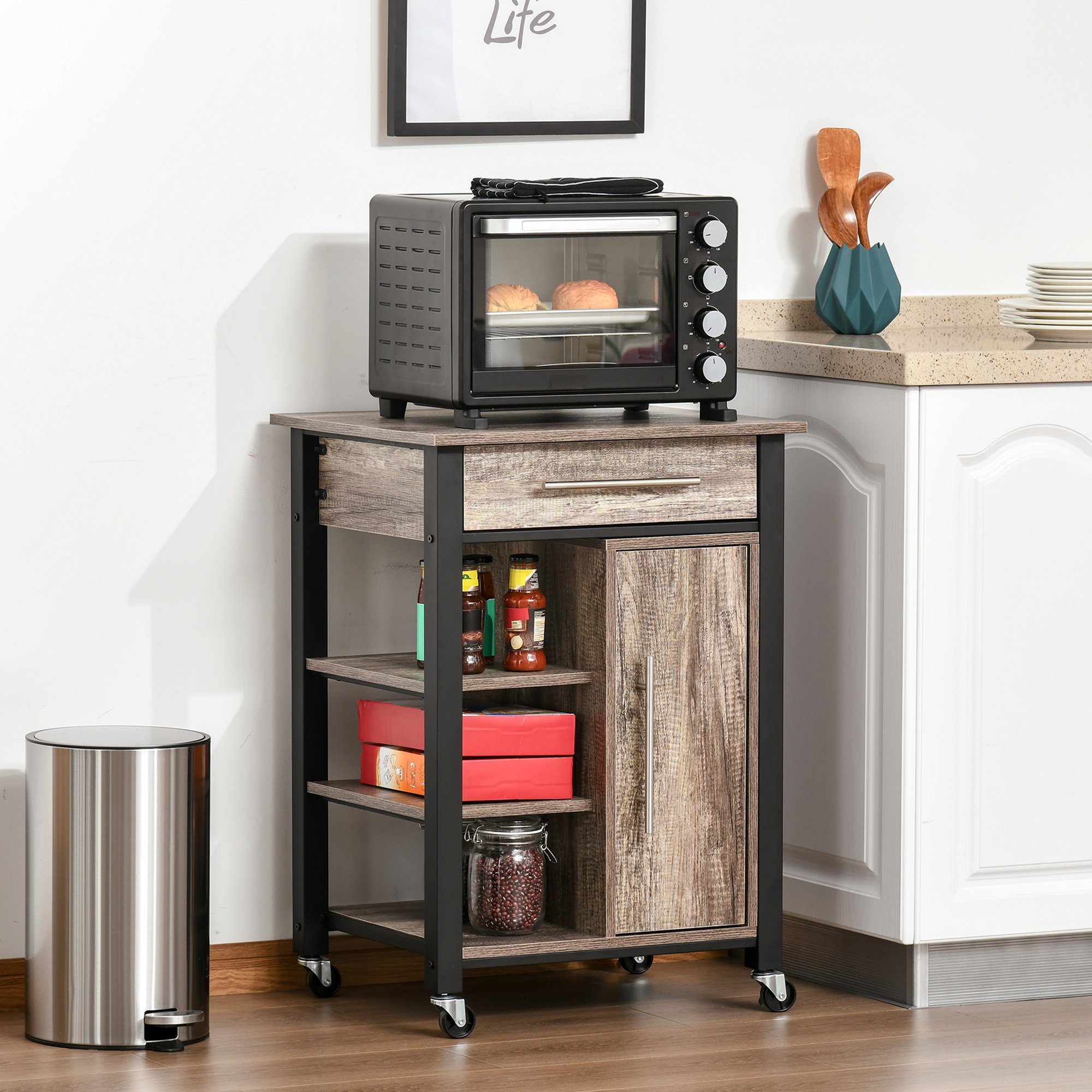  Carucior Bucatarie - Cu Sertar, Dulap si 4 Roti [1]