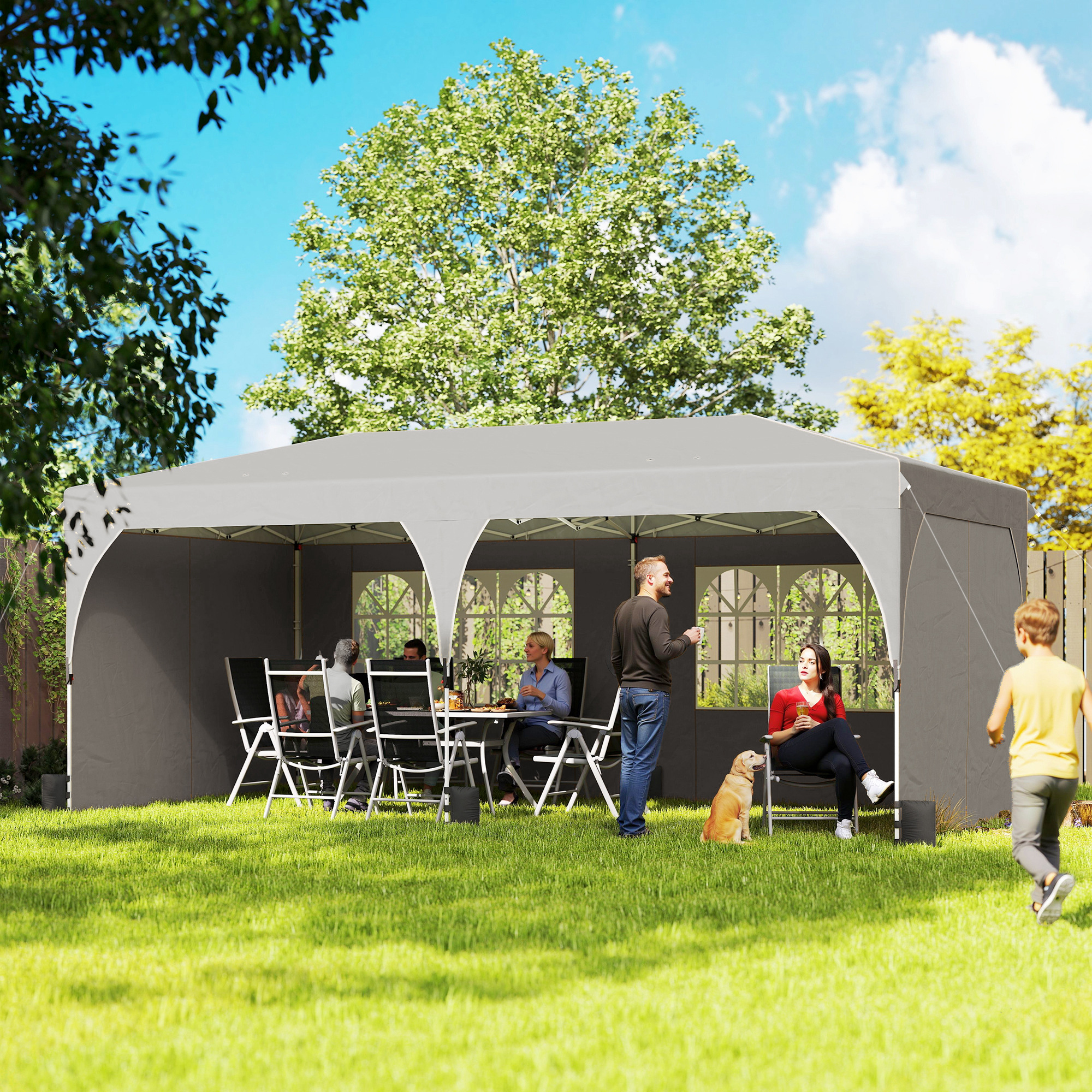  Gazebo 3x6 m Pliabil Pop Up cu inaltime Reglabila, Gazebo Exterior cu Benzi Reflectorizante, Pereti Laterali, Saci de Nisip, Geanta de Transport, UV50+, pentru Camping, Petreceri, Gri Deschis [1]