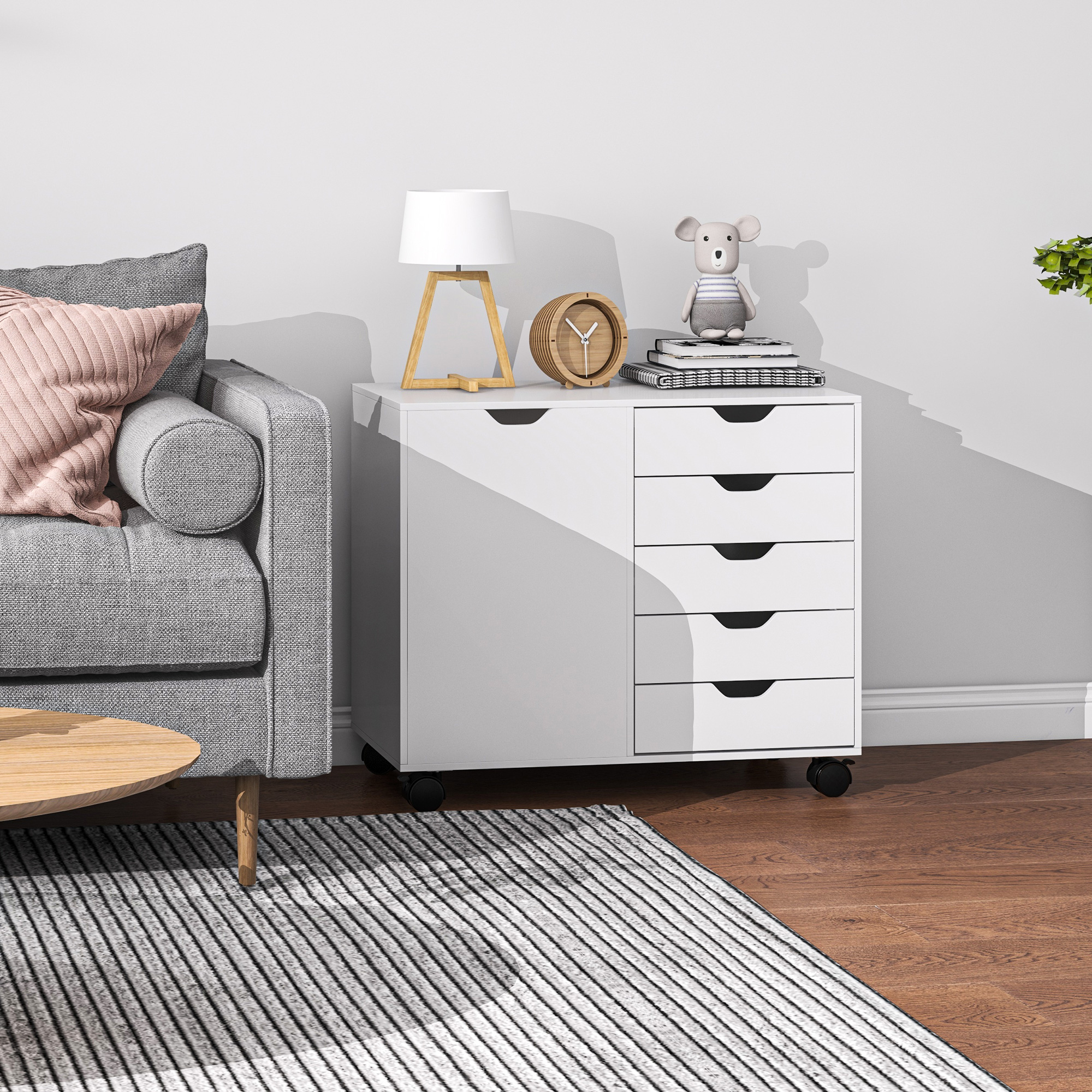  Dulap Lateral cu 5 Sertare, Dulap cu Raft Reglabil, Mobilier pentru Birou pe Roti, Suport pentru Imprimanta pentru Biroul de Acasa, Alb [8]