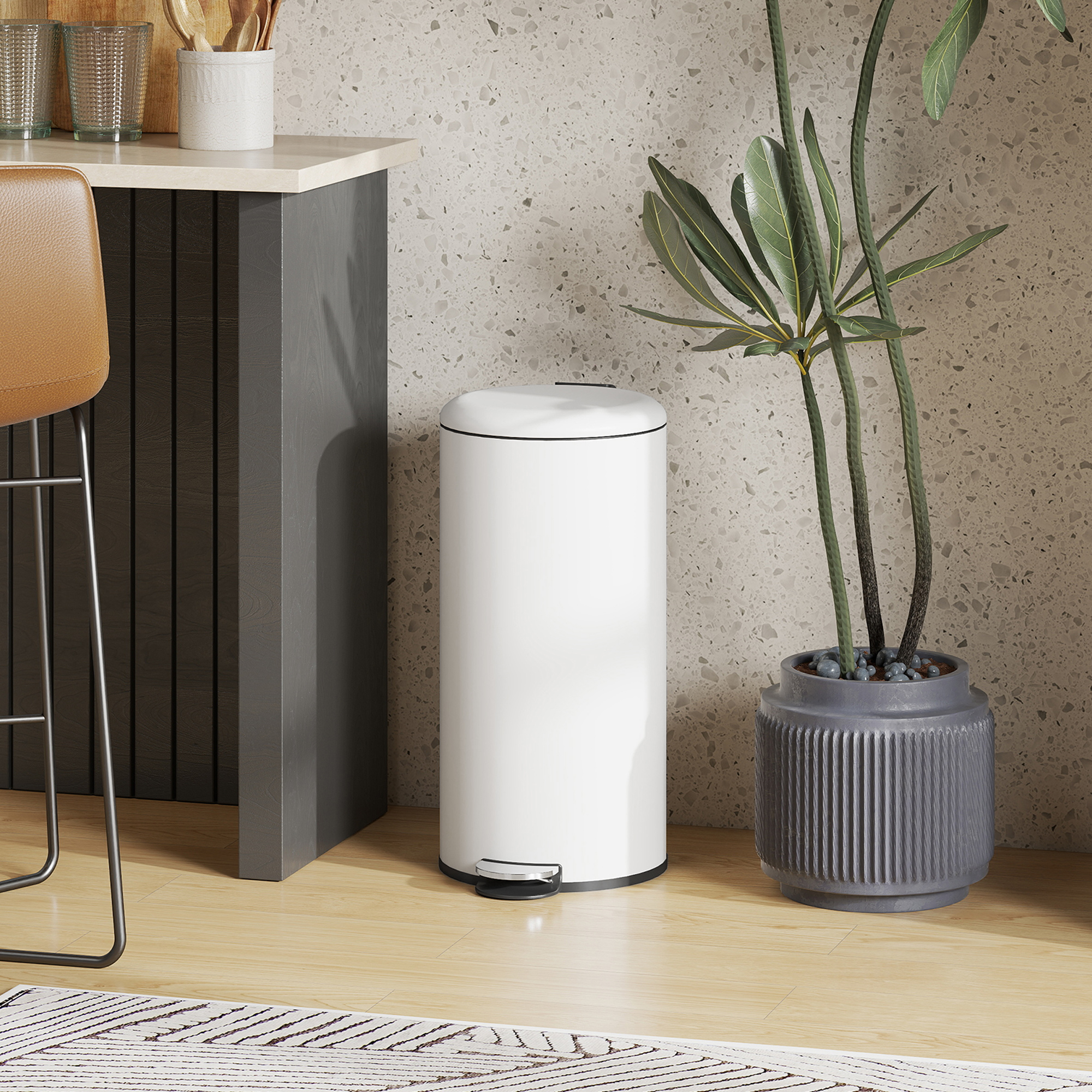  Cos de Gunoi cu Pedala 30L, cu Capac cu inchidere Lenta, din Metal si PP, 36x30x63.5 cm, Alb Crem [1]