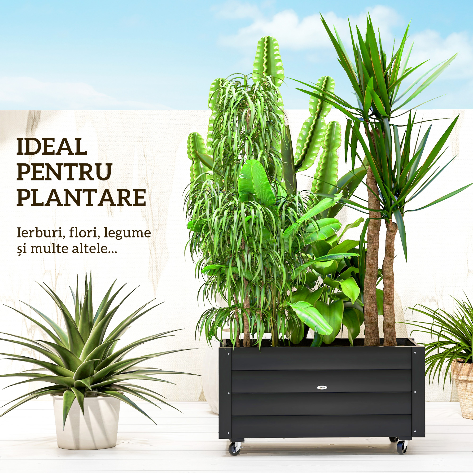  Fierastrau de gradina cu orificiu de drenaj si roti, din lemn de brad, 89x48x47 cm, negru [3]