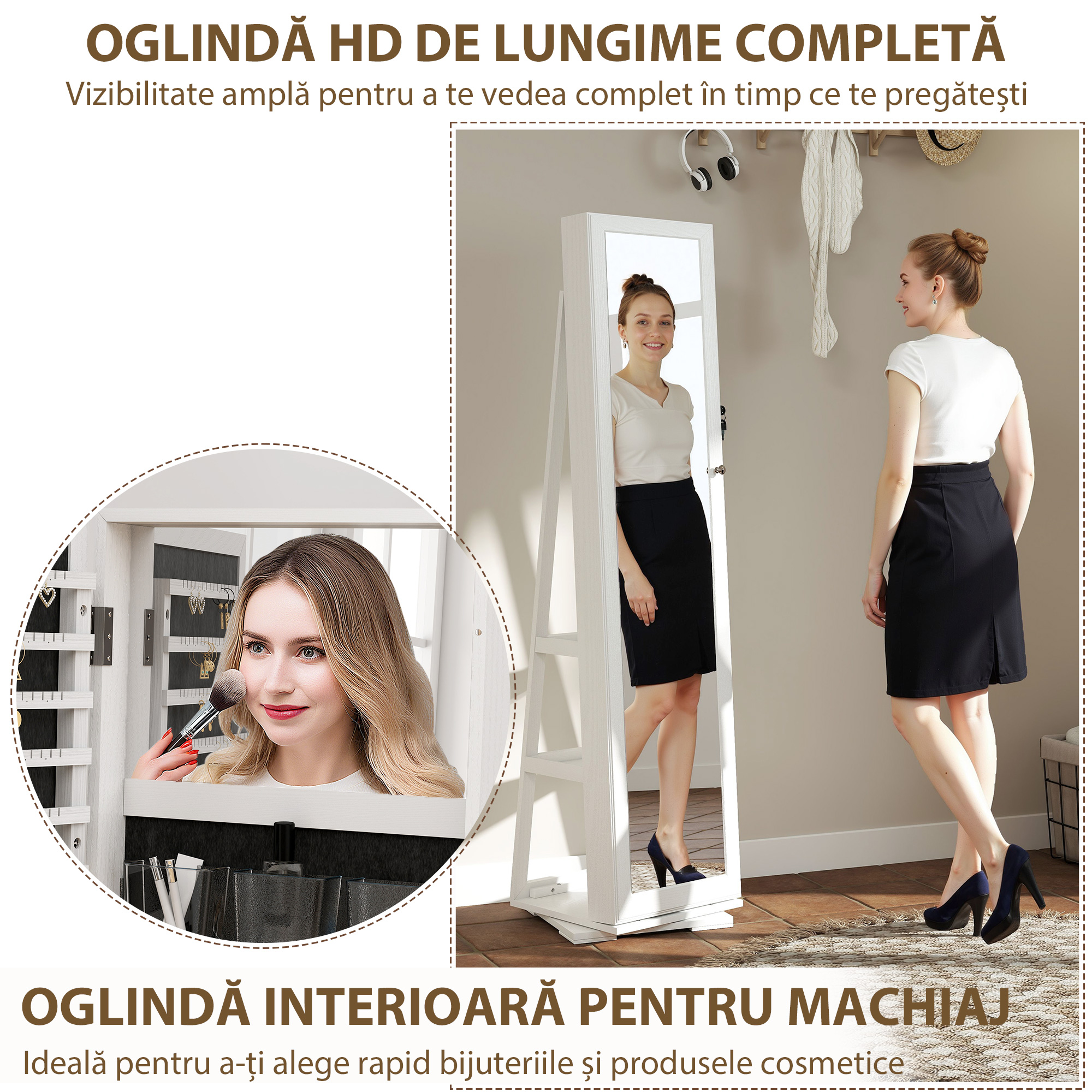  Oglinda Suport pentru Bijuterii, Oglinda de podea Pivotanta Moderna pentru Dormitor, 38x38x160 cm, Alb [7]