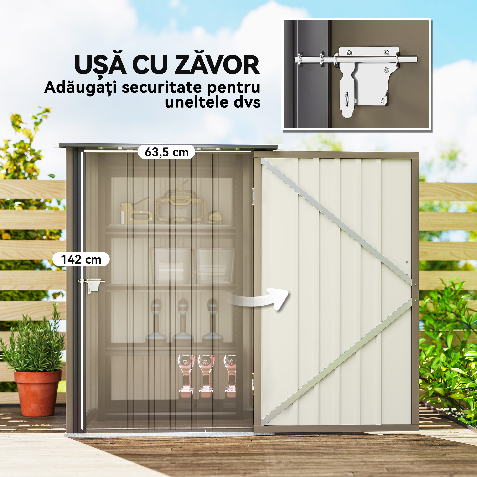  Magazie de Gradina 0,92m² din Otel Galvanizat, Depozit pentru Unelte cu Usa Blocabila si Acoperis inclinat, 100x104x160 cm, Maro si Gri inchis [4]