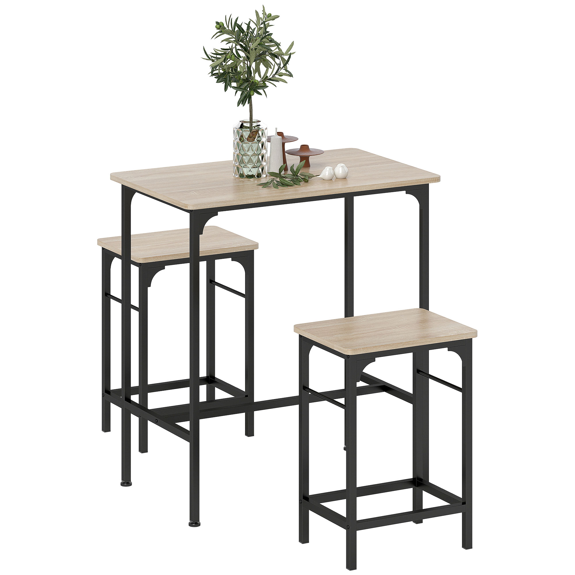 Bucatarie -  Mobilier de Bar 3 Piese cu Masa de Bucatarie si 2 Scaune de Bar din Lemn si Otel, culoare Lemn si Negru