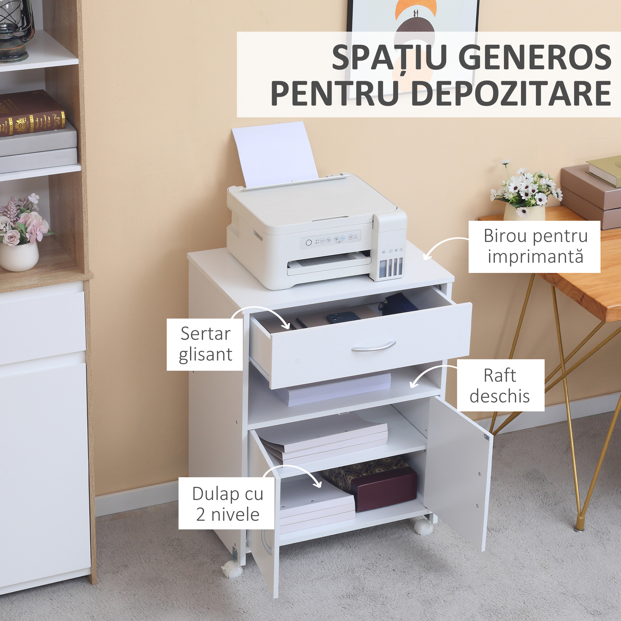  Dulap Imprimanta - Alb, cu Sertar, Raft & Roti 60×39×80 cm [3]