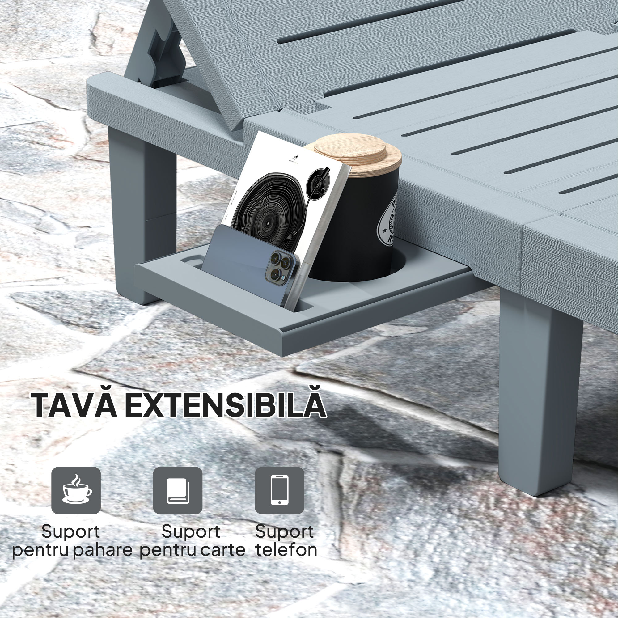  Set de 2 sezlonguri, sezlonguri cu tavi retractabile, inclinabile, suprafata efect lemn, 62 x 158 x 88 cm, gri [4]