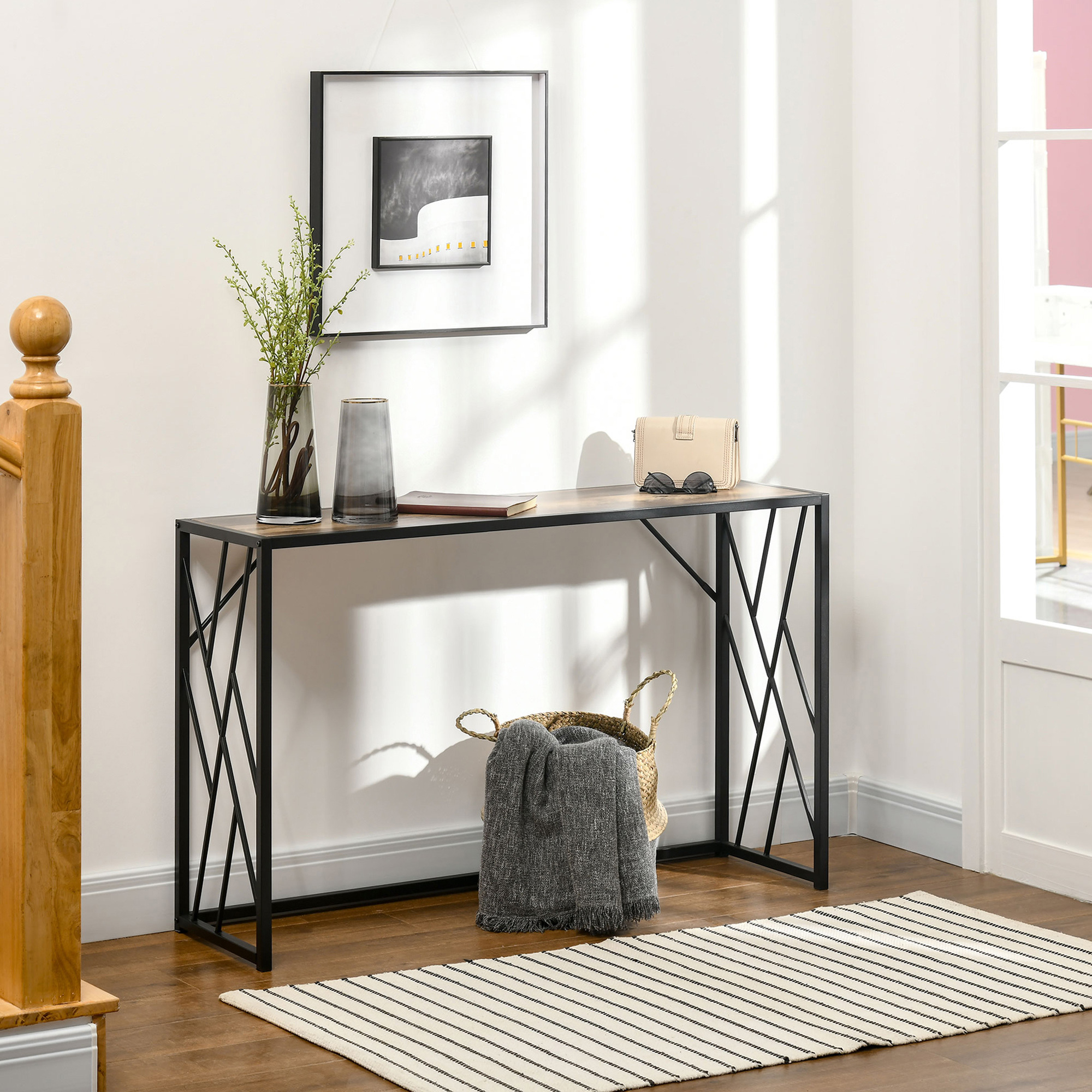  Consola 120cm, masa canapea industriala cu cadru metalic pentru sufragerie, hol, maro [1]