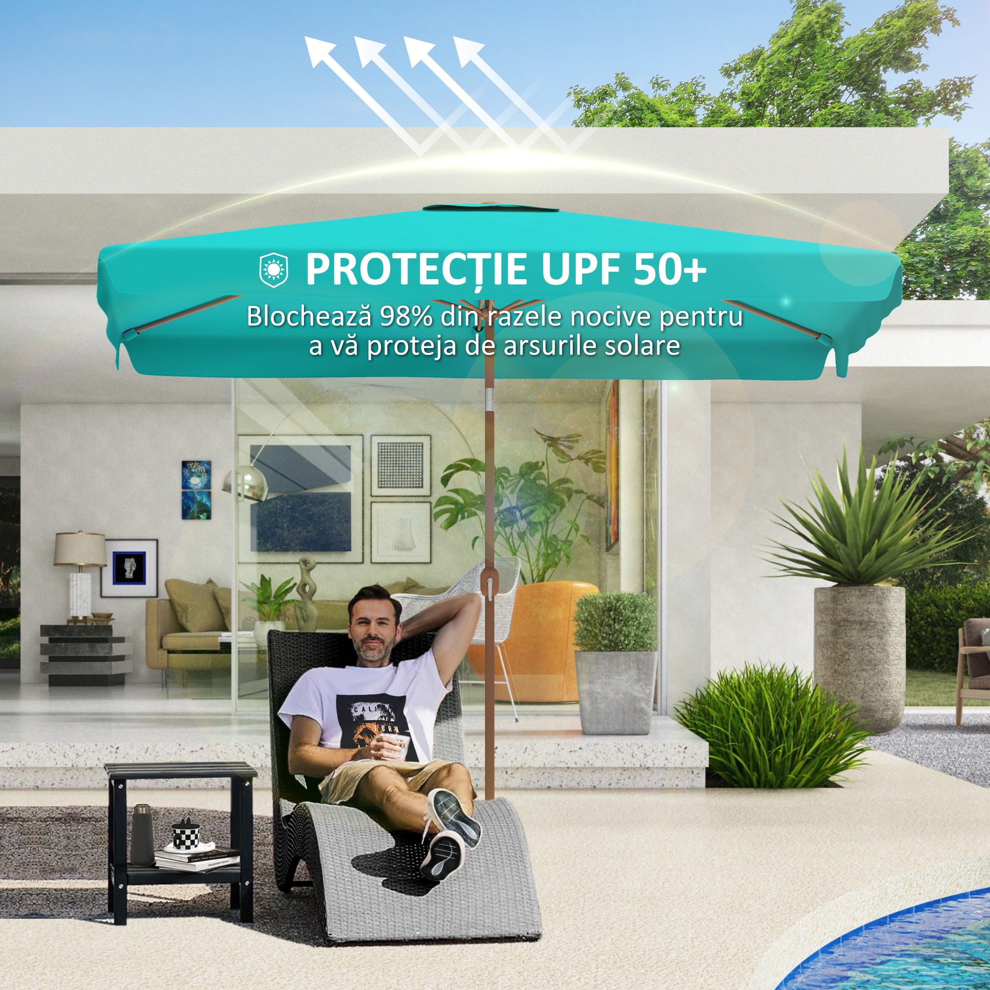  Umbrela de Gradina 2x3 m cu Manivela, Inclinabila si Anti-UV 50+, Turcoaz [4]