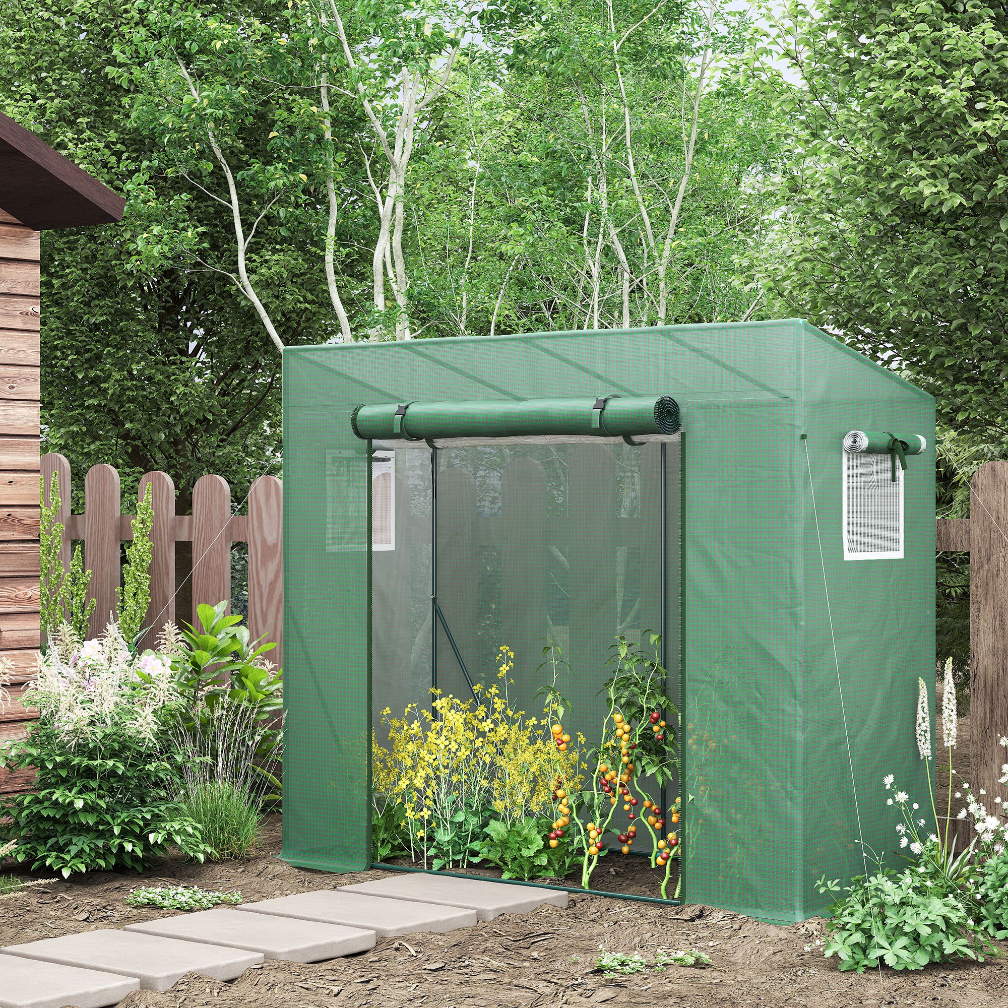  Sera de gradina din PE si otel cu 4 carlige, 2 ferestre laterale si copertina superioara ranforsata, 200x77x148-169 cm [1]