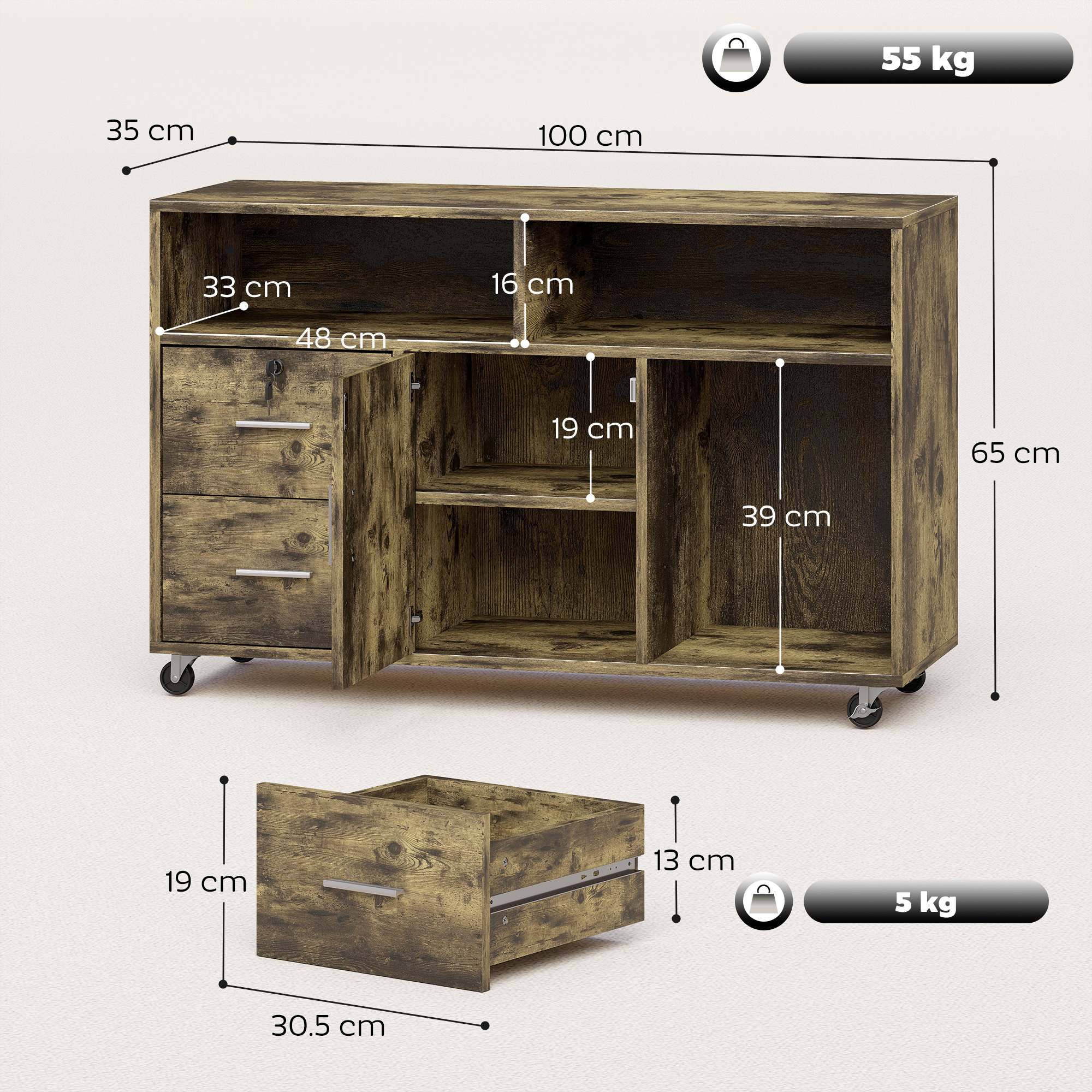  Dulap pentru Imprimanta pe Roti cu 2 Sertare cu incuietoare, 3 Rafturi si Dulap, Dulap pentru Documente de Birou si Studio, 100x35x65 cm, Maro Rustic [2]
