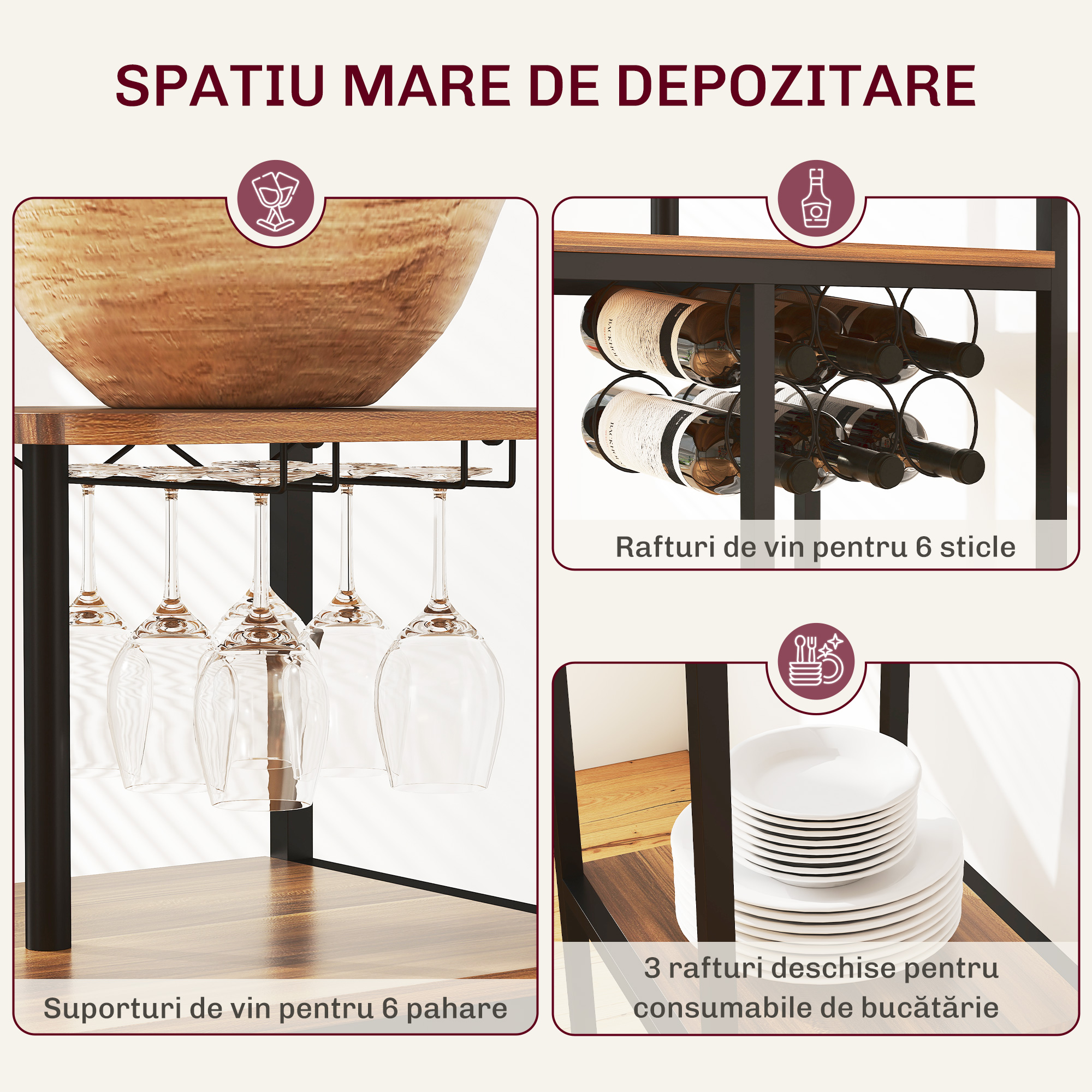  Set Blat de Bar Pliabil si 2 Scaune, Suport Vin si Pahare, Maro [4]