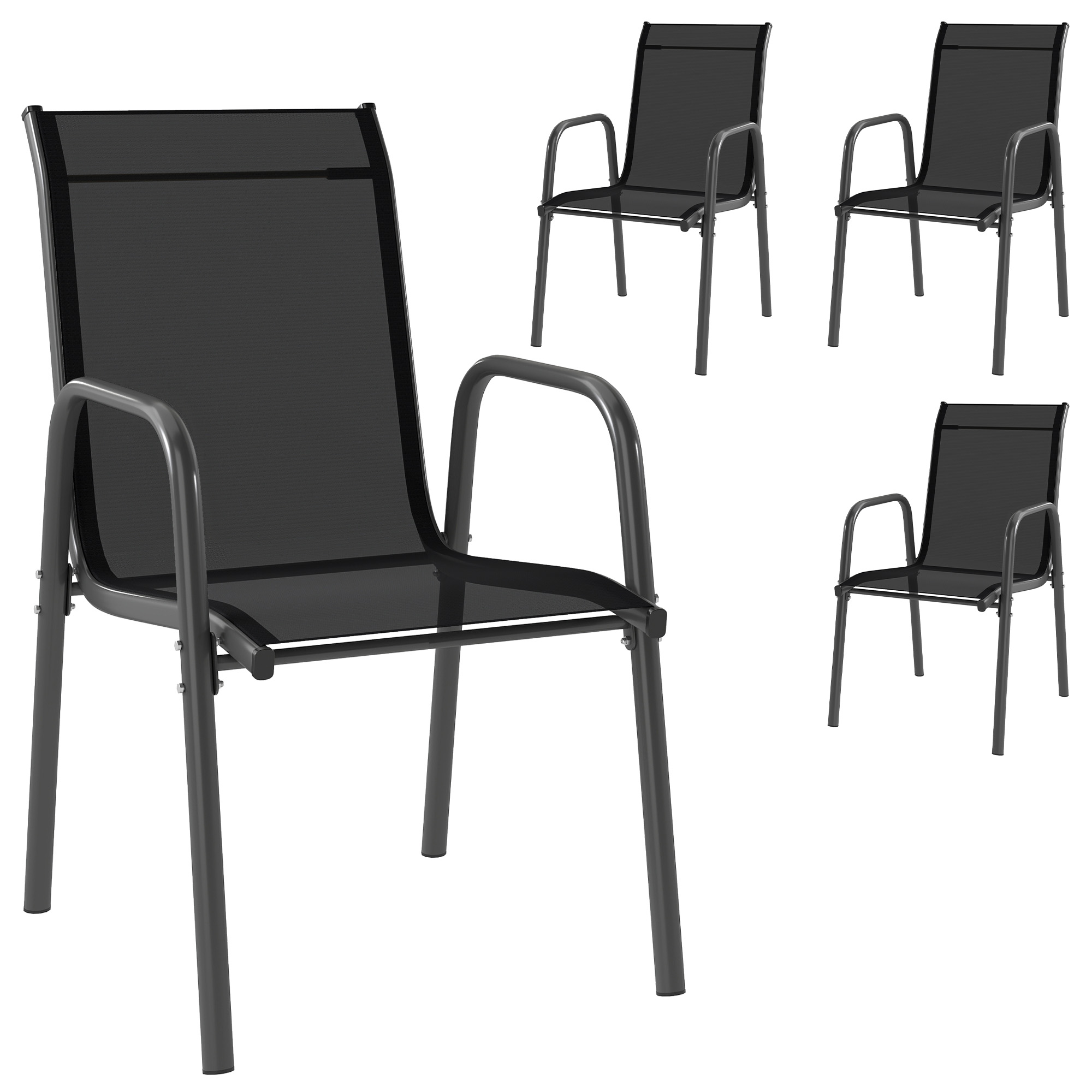 Gradina & balcon -  Set 4 Scaune Empilabile si Respirabile cu Spatar inalt si Cotiere, din Metal si Poliester, 51L x 69P x 87i cm, Negru