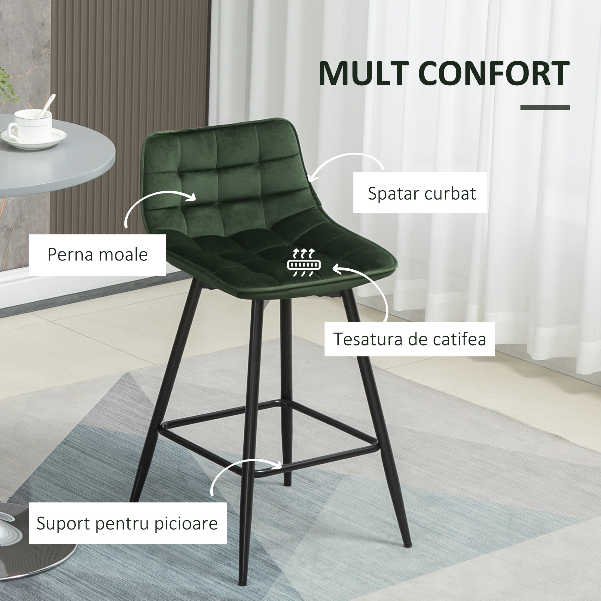  Set de 2 Scaune de Bar cu Spatar si Suport pentru Picioare, Scaune inalte Tapitate in Stil Nordic din Metal [4]