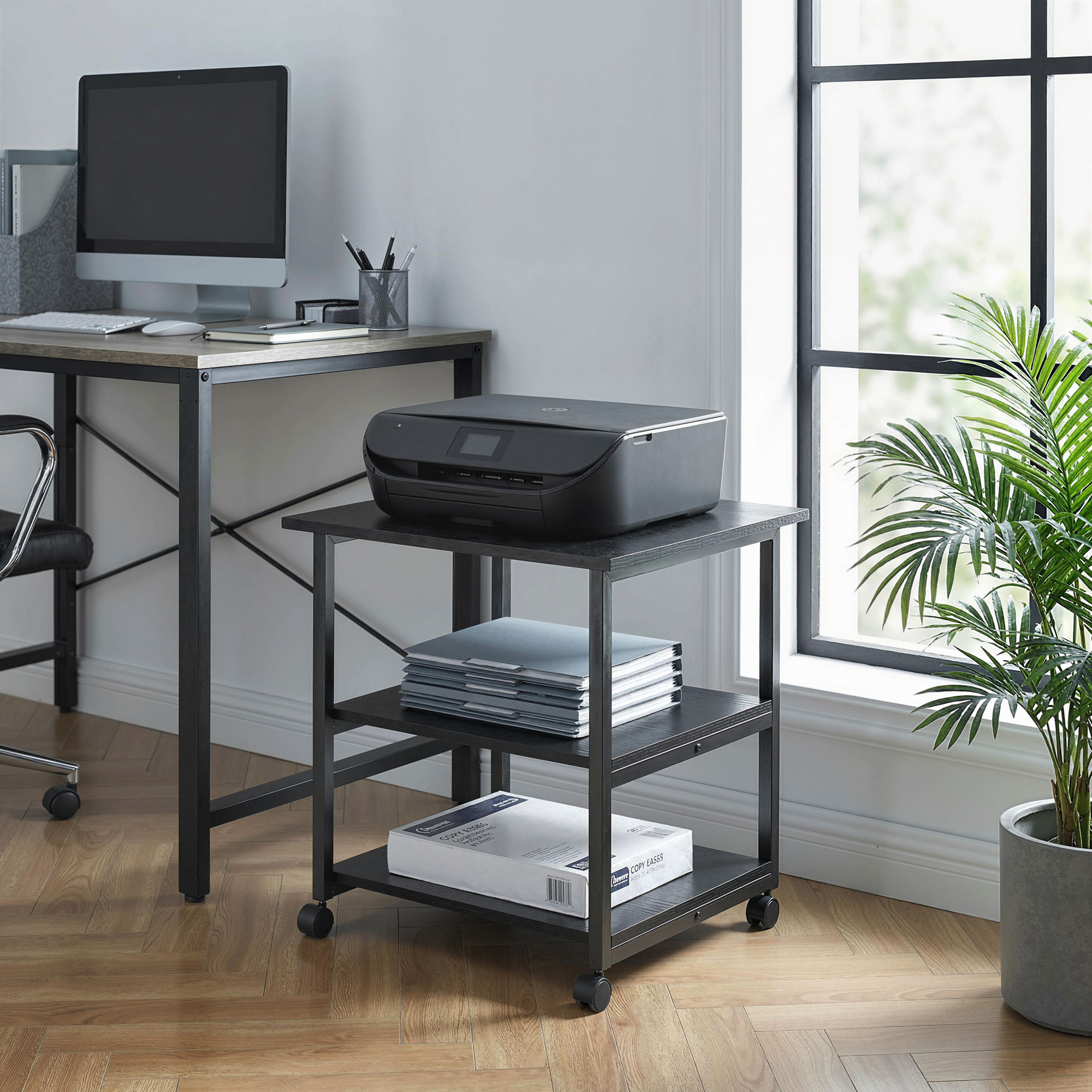 Dulap mobil pentru imprimanta cu 3 rafturi si 4 roti, lemn si otel, 50x50x52,5cm, negru [7]