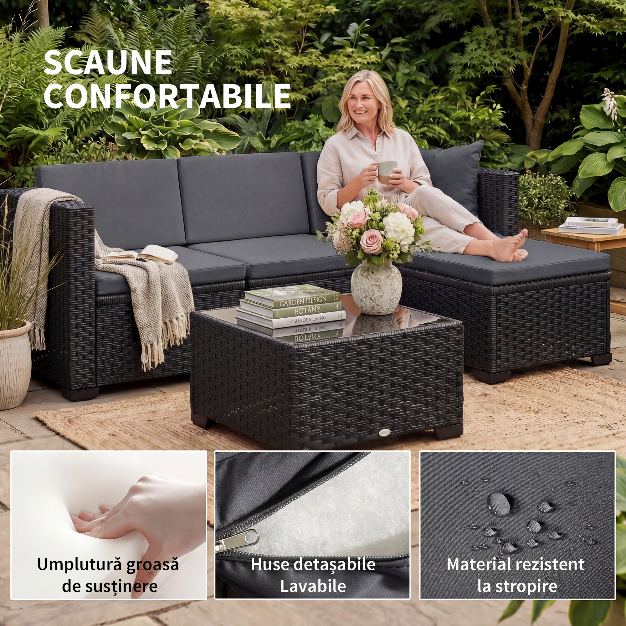  Set Modular de Gradina din Rattan cu Perne, Canapea de Colt Gri, 5 Piese [5]